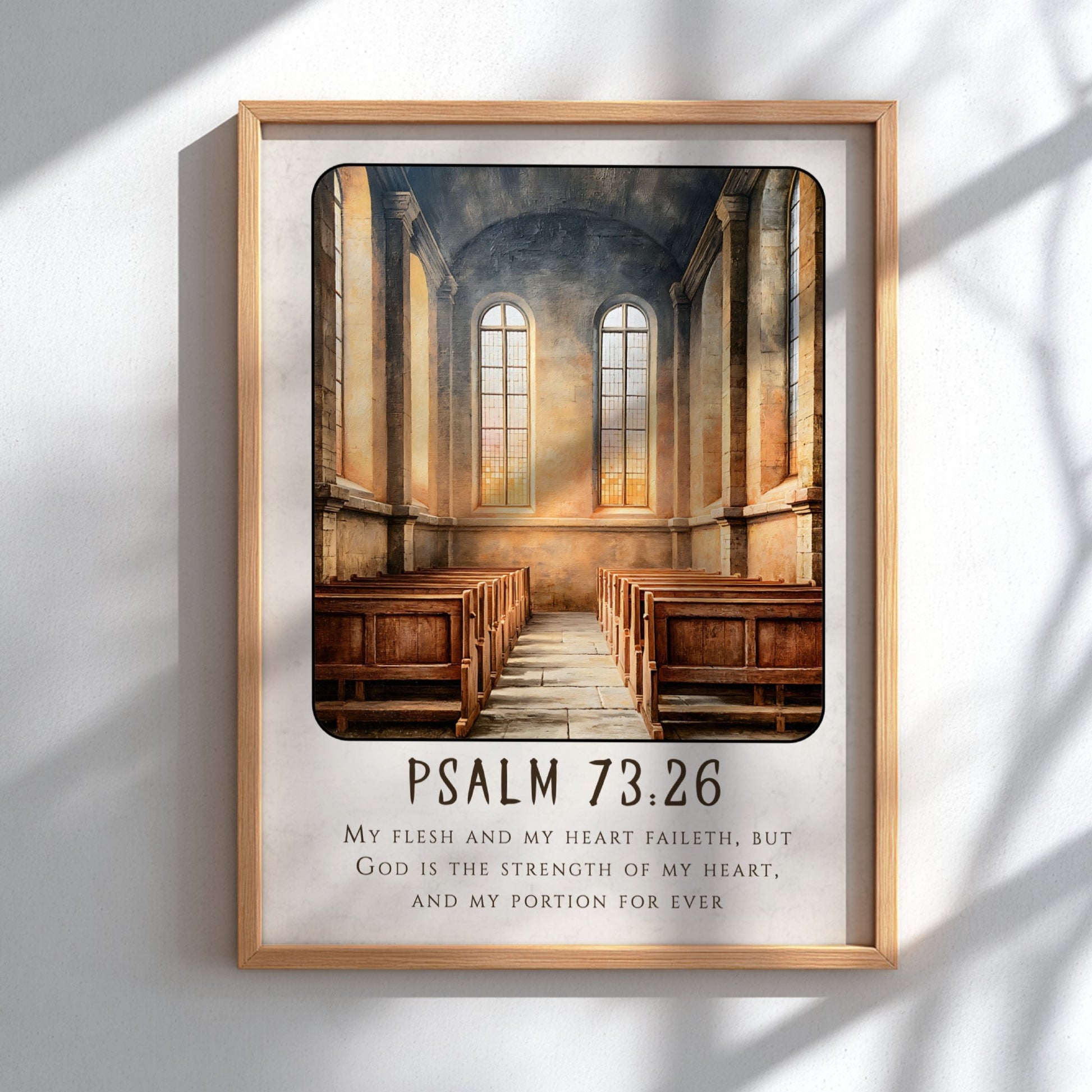 Psalm 73:26 poster featuring a serene church interior with warm tones, perfect for religious wall art.