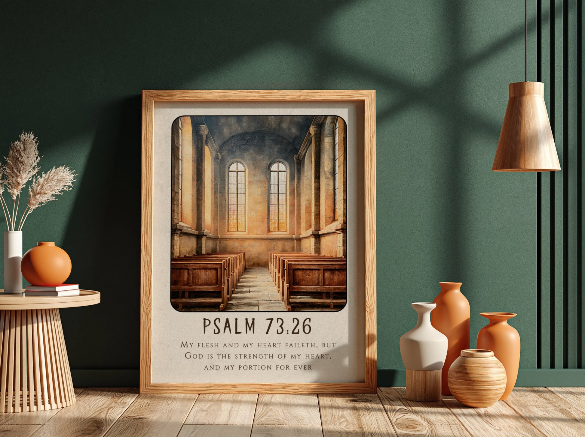 Psalm 73:26 poster featuring a serene church interior with warm tones, perfect for religious wall art.