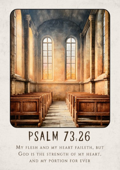Psalm 73:26 poster featuring a serene church interior with warm tones, perfect for religious wall art.