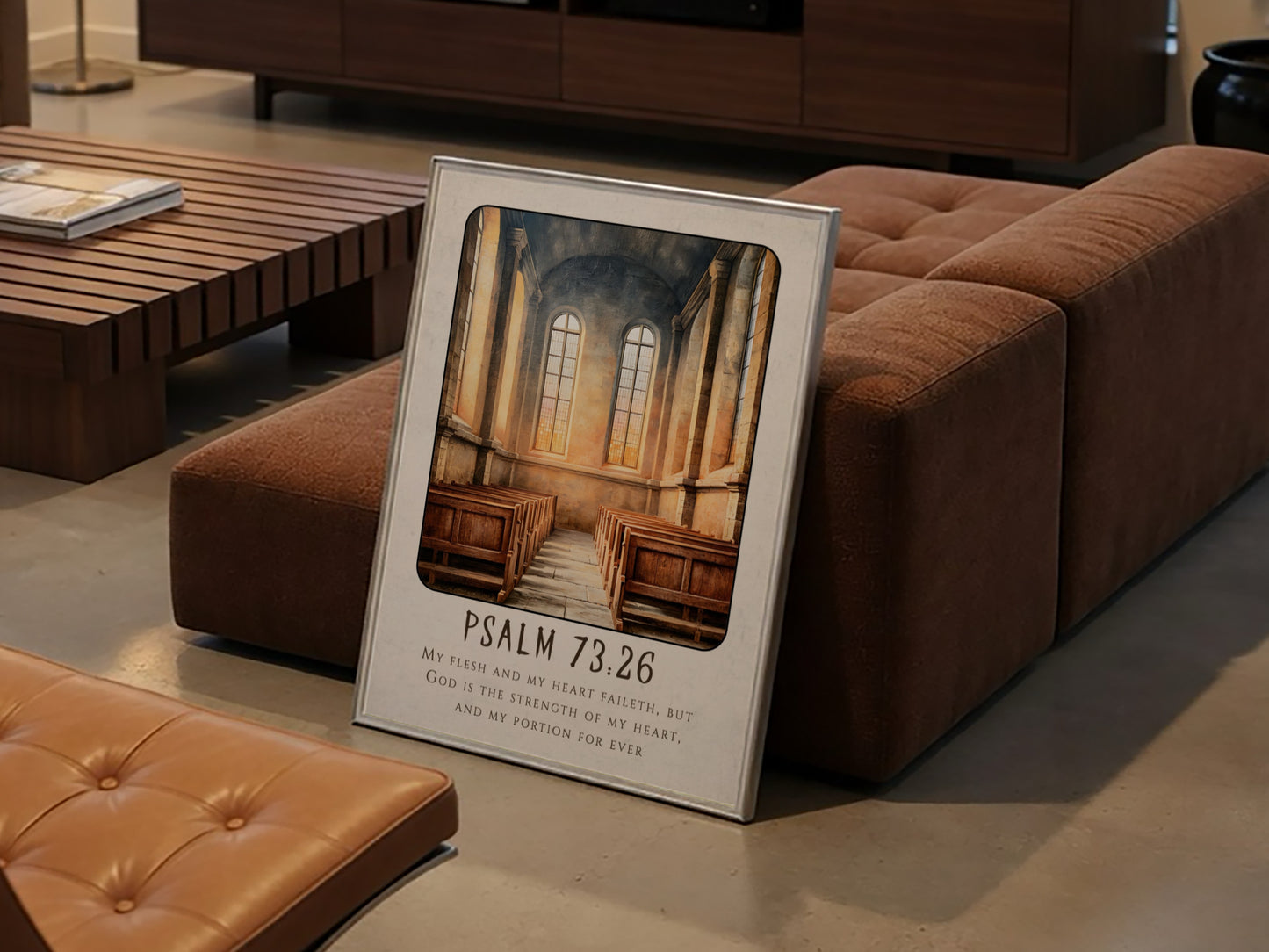 Psalm 73:26 poster featuring a serene church interior with warm tones, perfect for religious wall art.