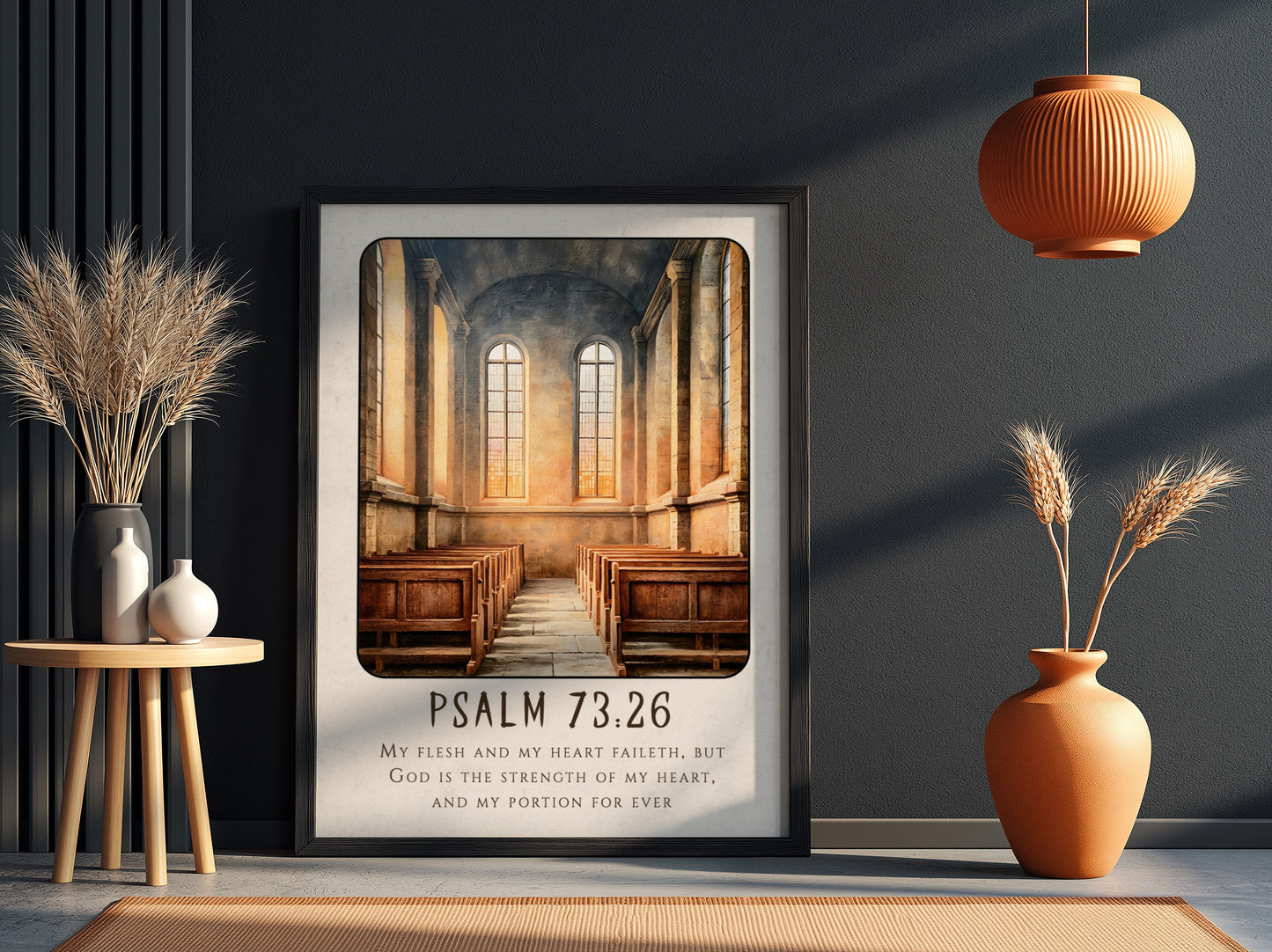 Psalm 73:26 poster featuring a serene church interior with warm tones, perfect for religious wall art.