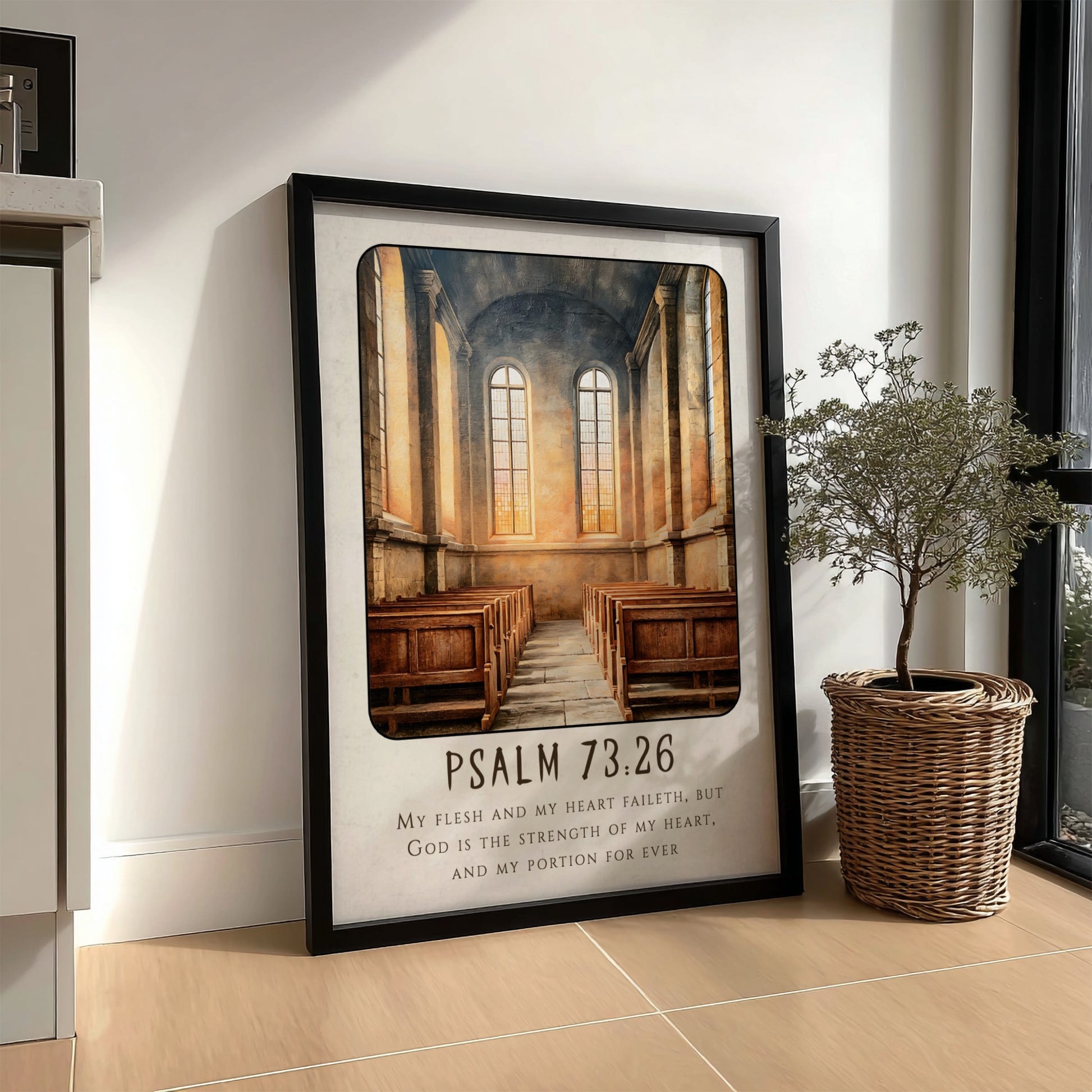 Psalm 73:26 poster featuring a serene church interior with warm tones, perfect for religious wall art.