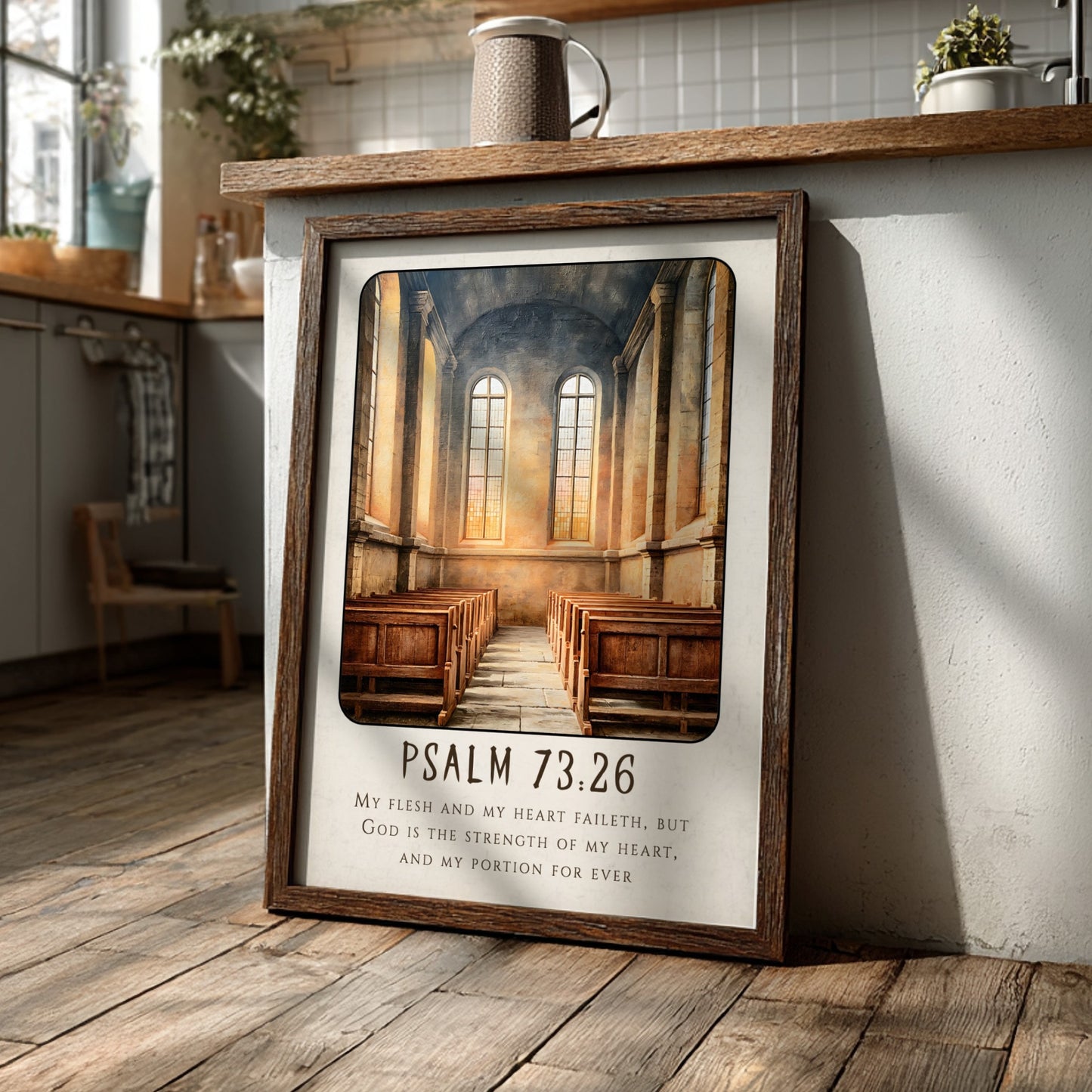 Psalm 73:26 poster featuring a serene church interior with warm tones, perfect for religious wall art.