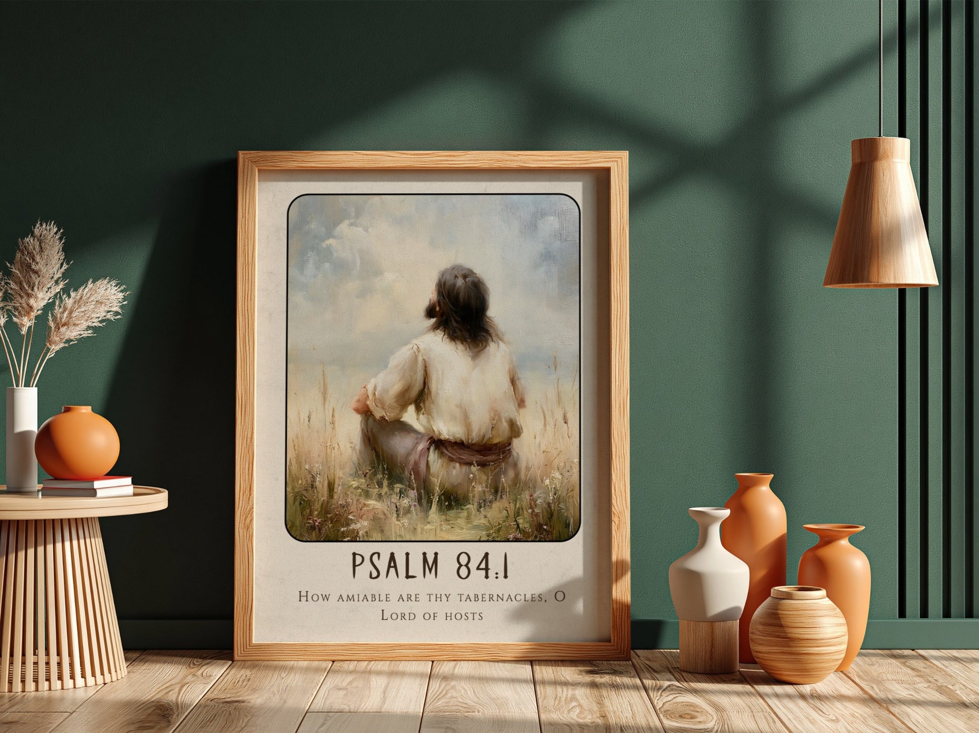 Psalm 84:1 poster featuring a serene figure in a tranquil landscape, perfect for spiritual wall art.