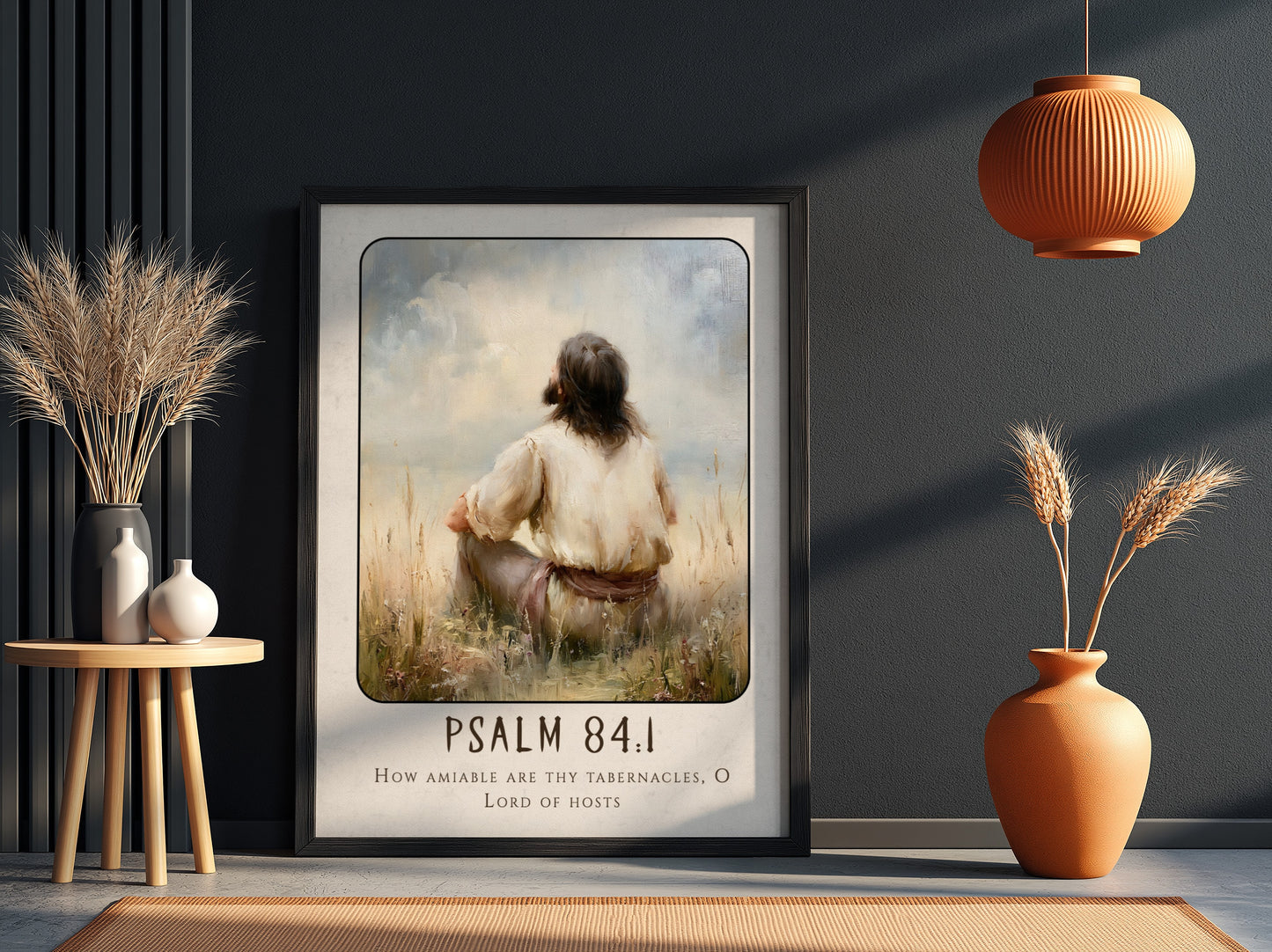 Psalm 84:1 poster featuring a serene figure in a tranquil landscape, perfect for spiritual wall art.