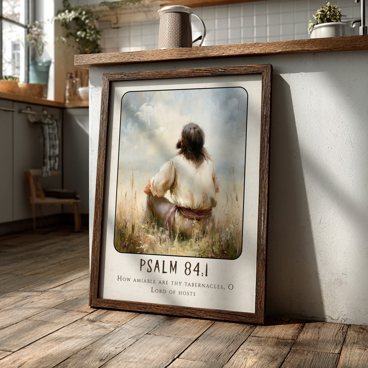 Psalm 84:1 poster featuring a serene figure in a tranquil landscape, perfect for spiritual wall art.
