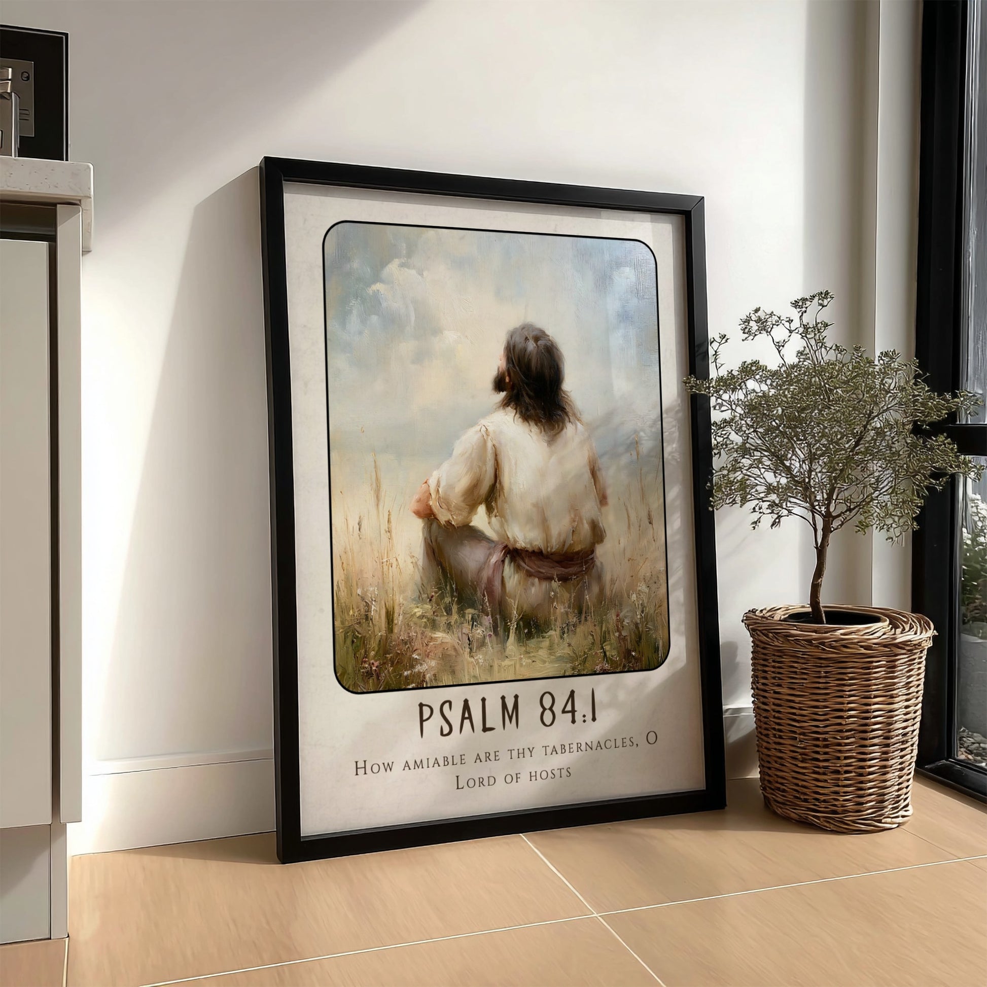 Psalm 84:1 poster featuring a serene figure in a tranquil landscape, perfect for spiritual wall art.