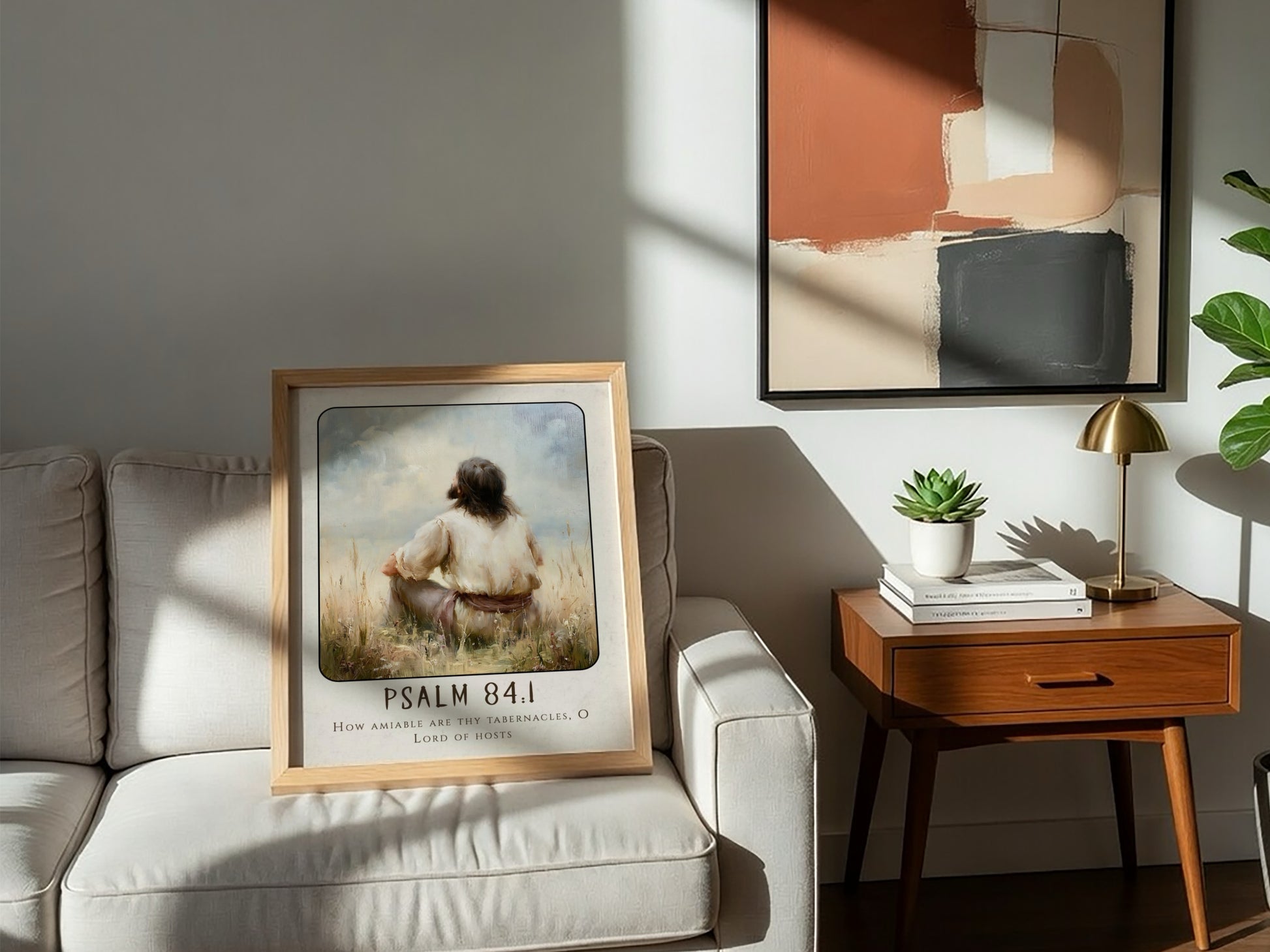 Psalm 84:1 poster featuring a serene figure in a tranquil landscape, perfect for spiritual wall art.