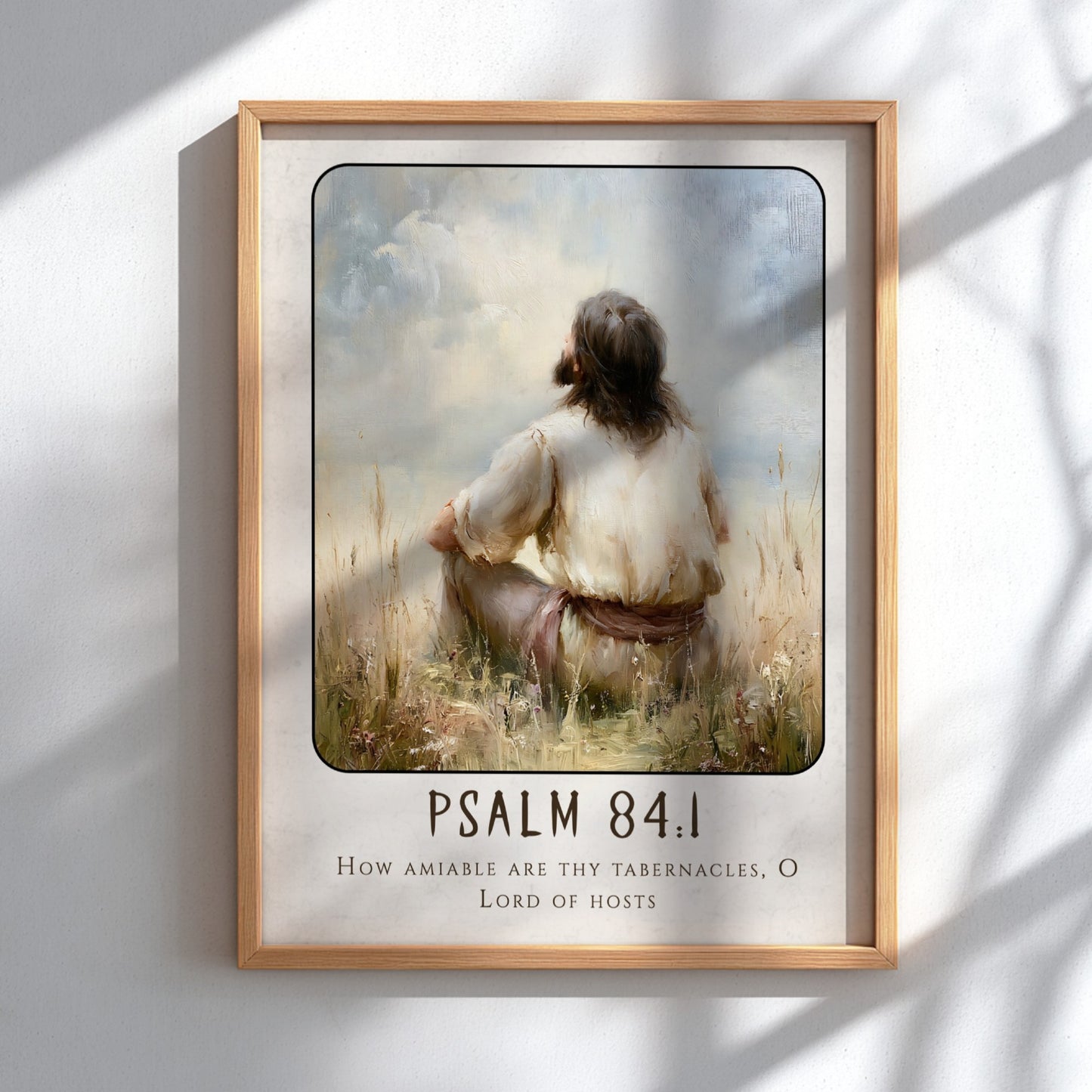 Psalm 84:1 poster featuring a serene figure in a tranquil landscape, perfect for spiritual wall art.