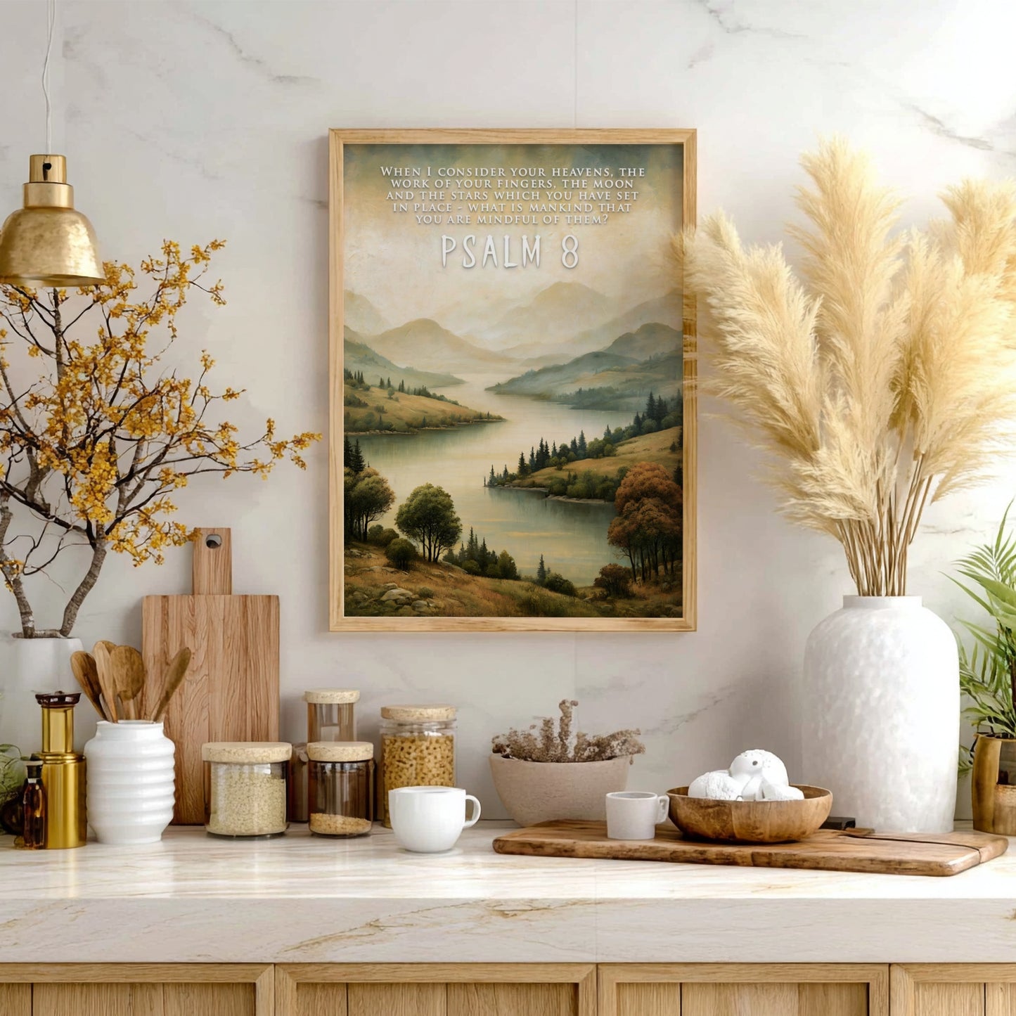 Poster featuring a serene river landscape with rolling hills and Psalm 8 text