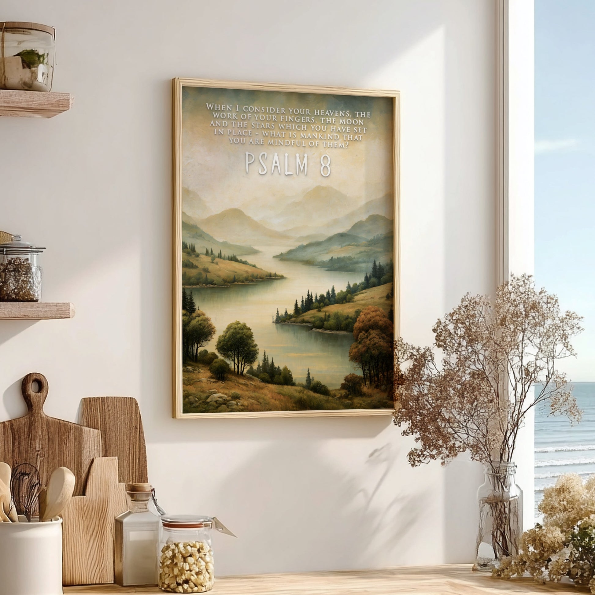 Poster featuring a serene river landscape with rolling hills and Psalm 8 text