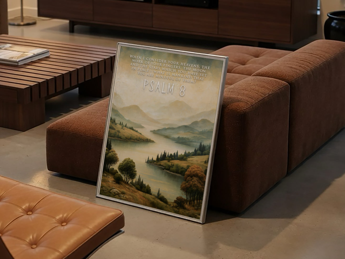 Poster featuring a serene river landscape with rolling hills and Psalm 8 text