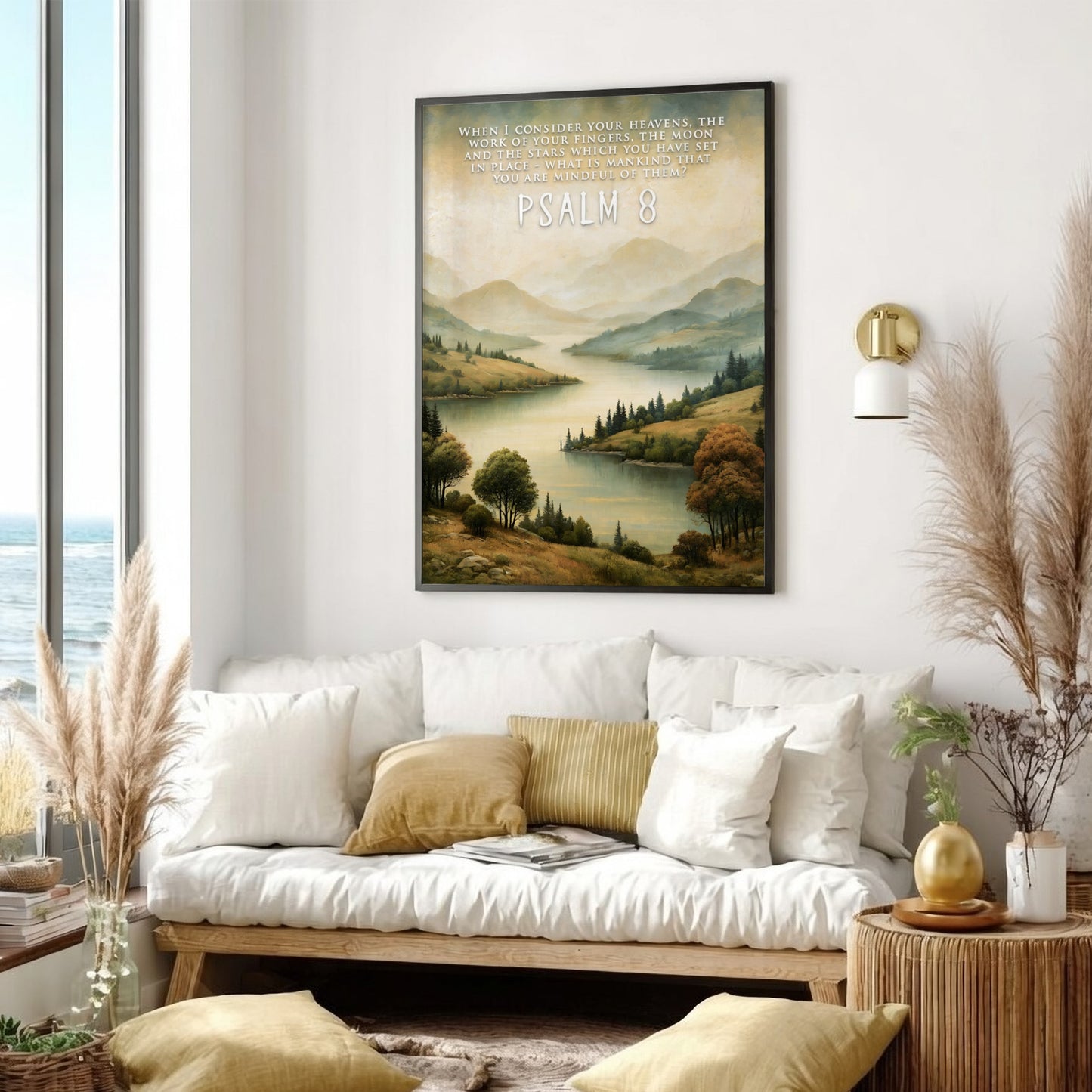 Poster featuring a serene river landscape with rolling hills and Psalm 8 text