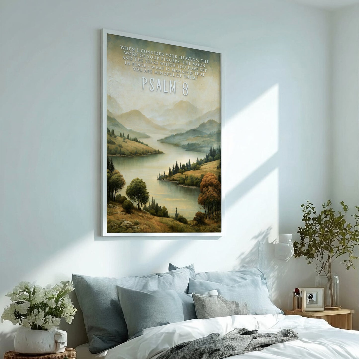 Poster featuring a serene river landscape with rolling hills and Psalm 8 text