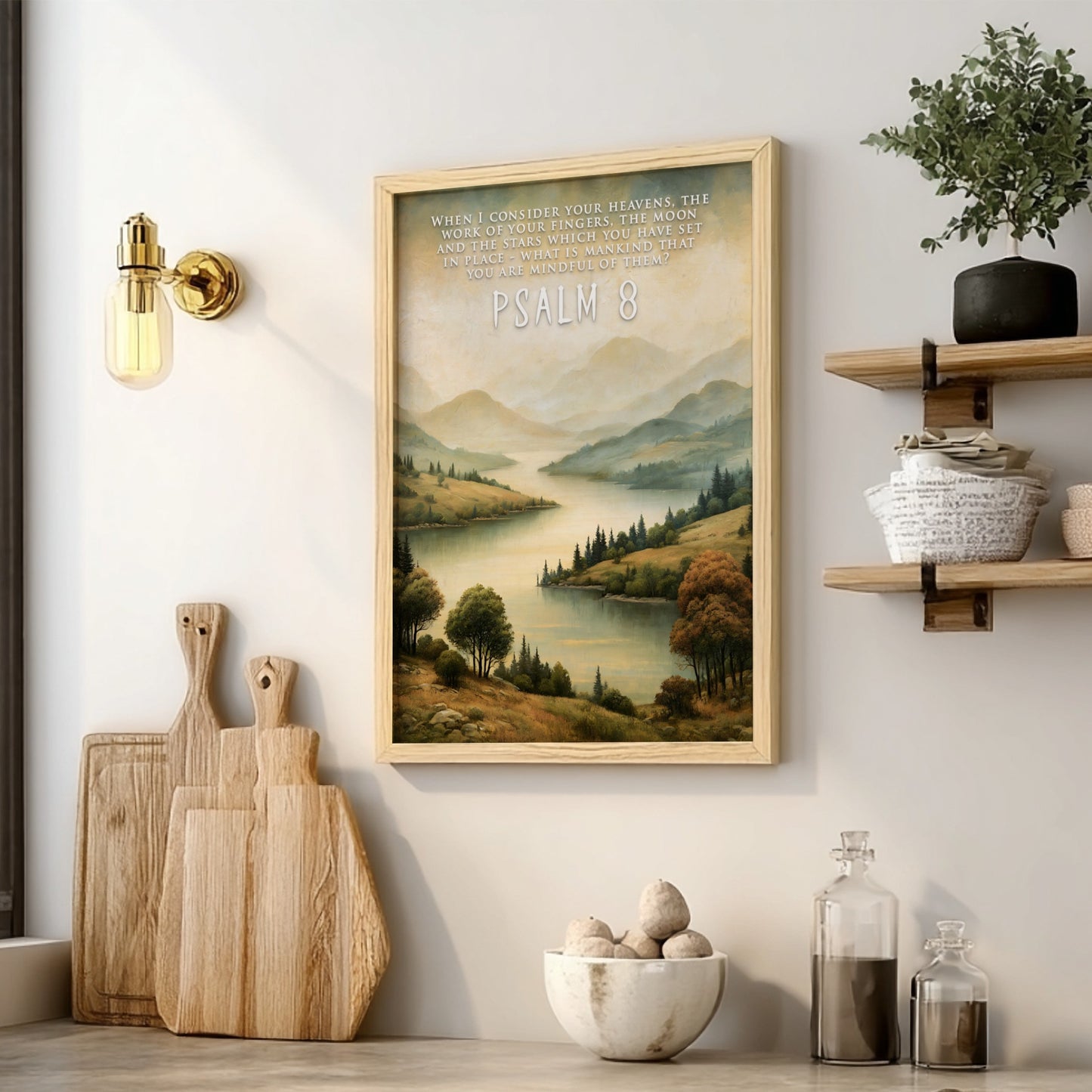 Poster featuring a serene river landscape with rolling hills and Psalm 8 text