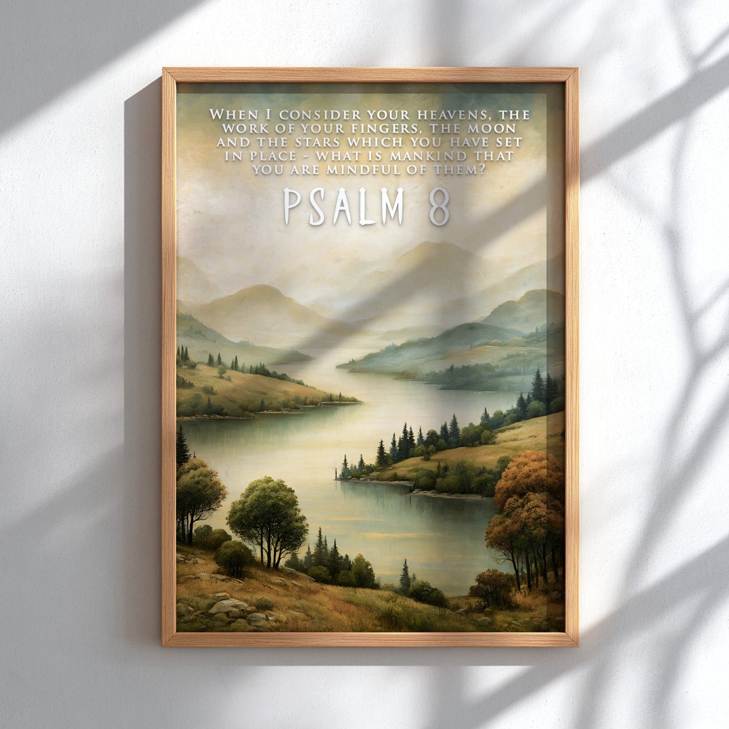 Poster featuring a serene river landscape with rolling hills and Psalm 8 text