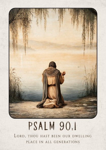 Psalm 90:1 poster featuring a serene figure in prayer by the water, soft colors and religious theme.