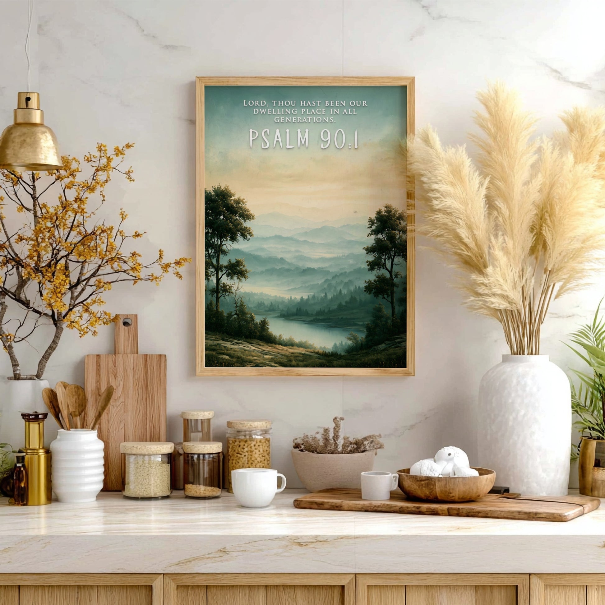 Psalm 90:1 poster featuring a misty mountain landscape with green hills and water.