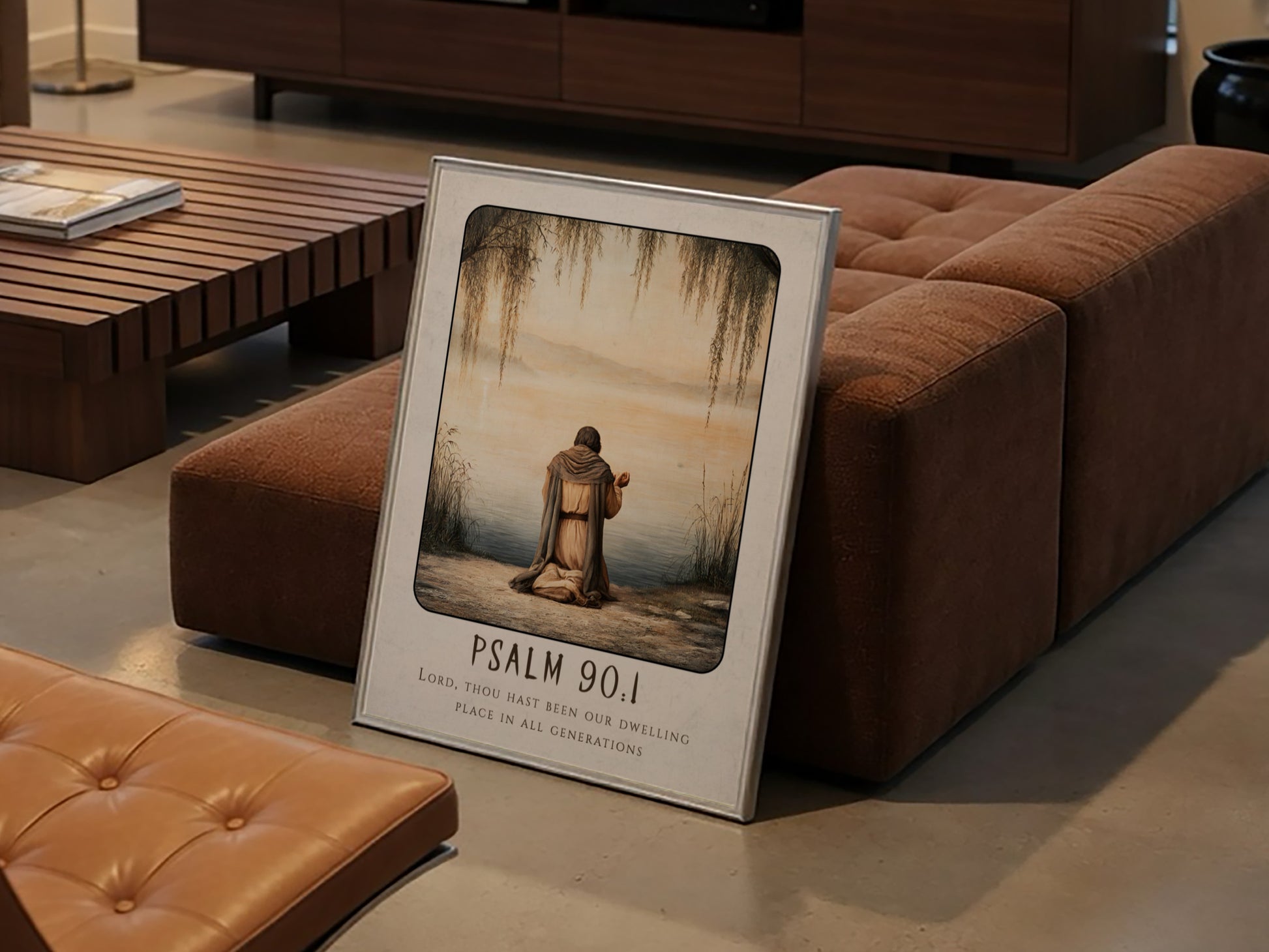 Psalm 90:1 poster featuring a serene figure in prayer by the water, soft colors and religious theme.