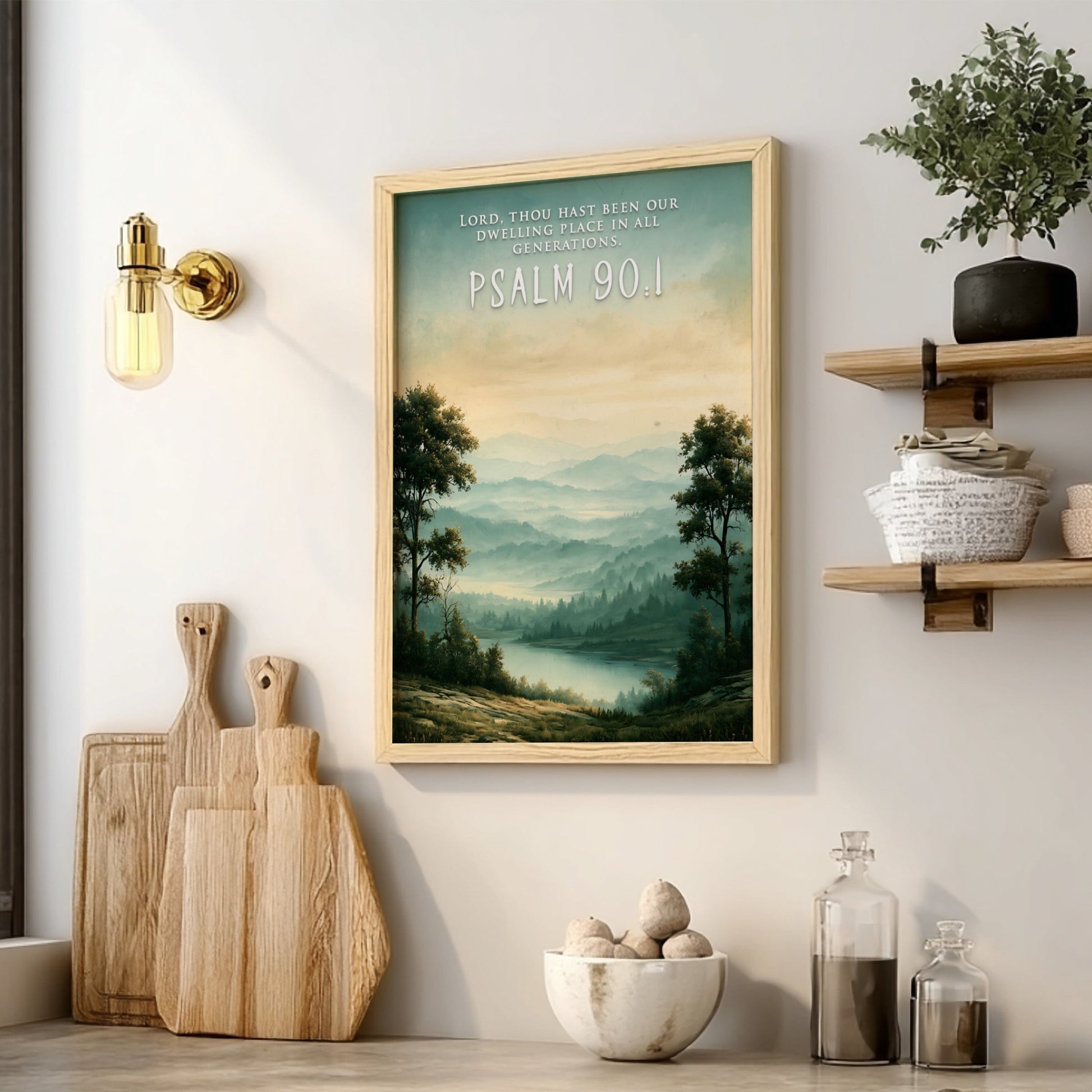 Psalm 90:1 poster featuring a misty mountain landscape with green hills and water.