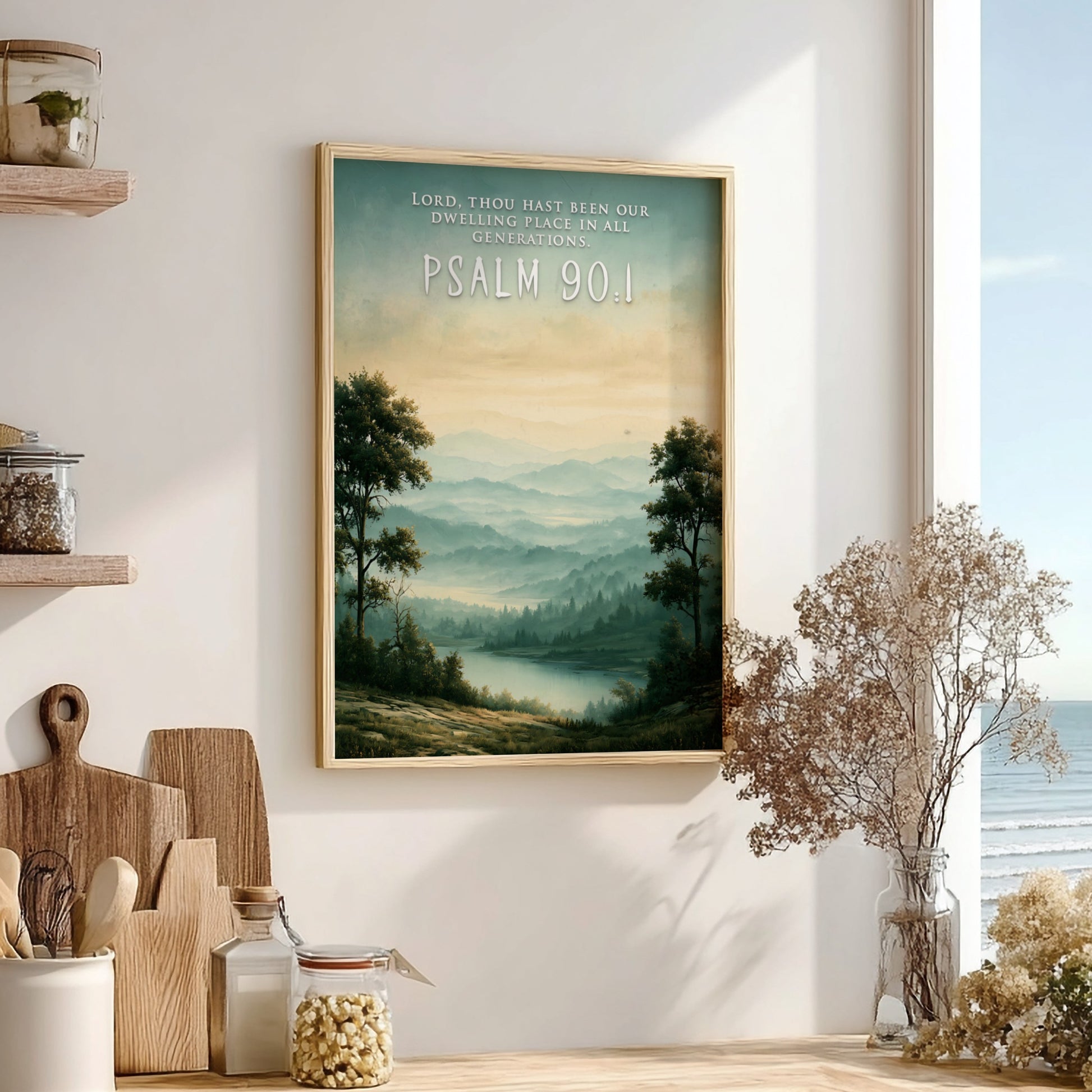 Psalm 90:1 poster featuring a misty mountain landscape with green hills and water.