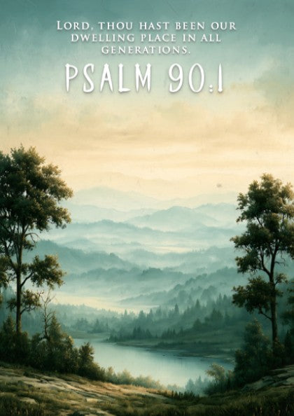 Psalm 90:1 poster featuring a misty mountain landscape with green hills and water.