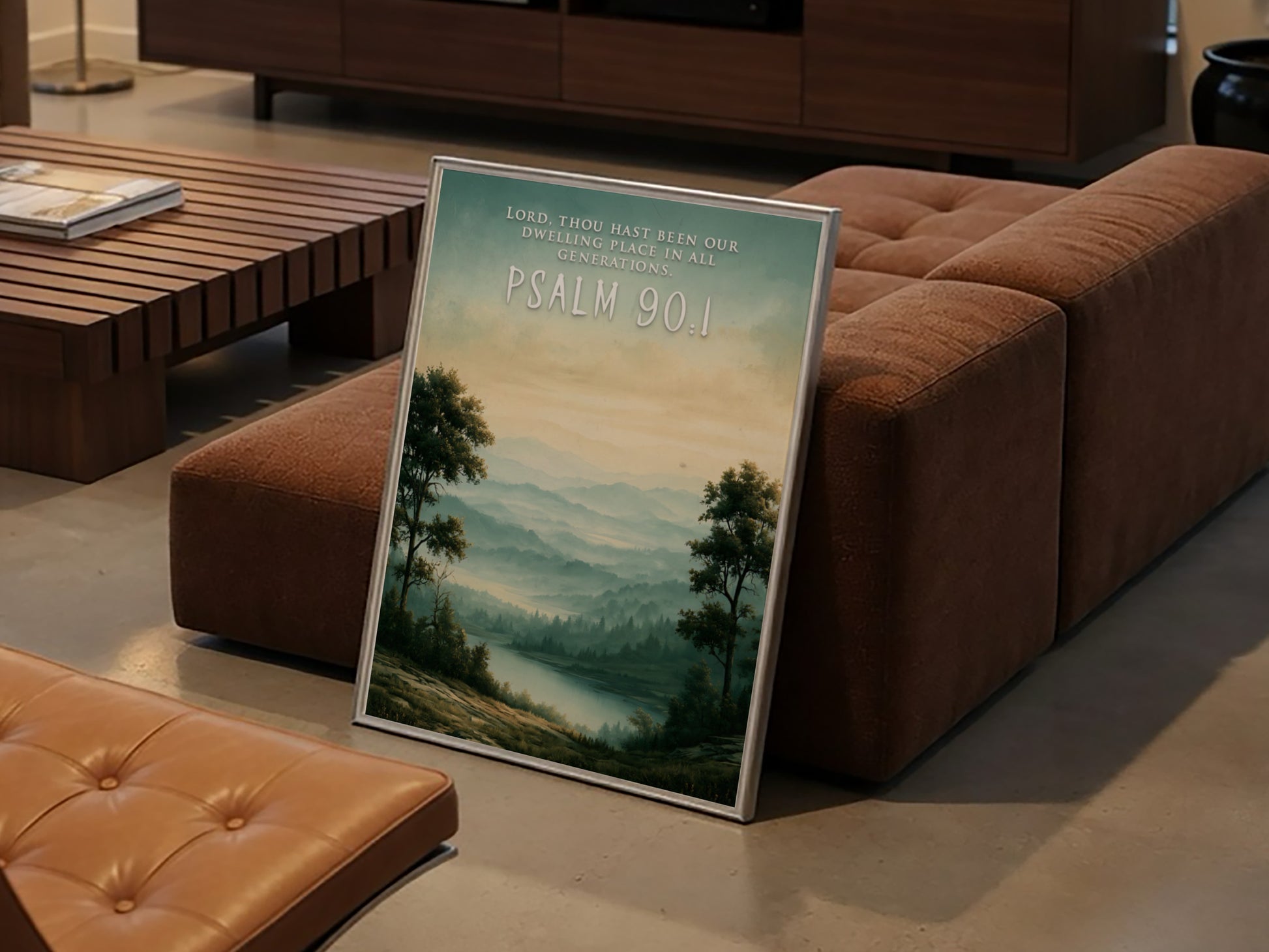 Psalm 90:1 poster featuring a misty mountain landscape with green hills and water.