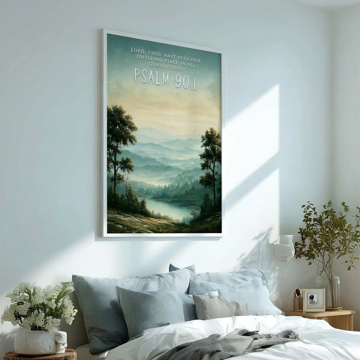 Psalm 90:1 poster featuring a misty mountain landscape with green hills and water.