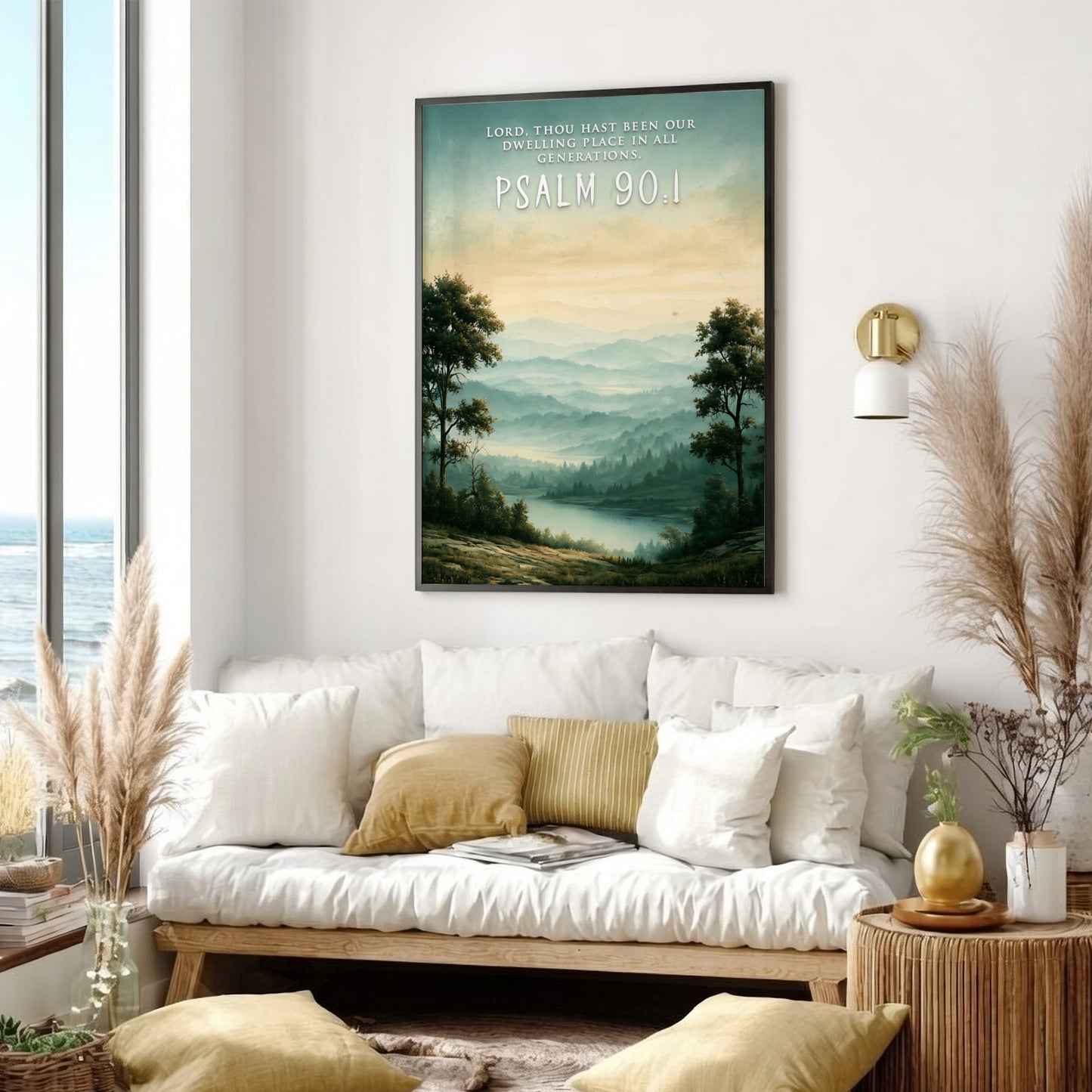Psalm 90:1 poster featuring a misty mountain landscape with green hills and water.