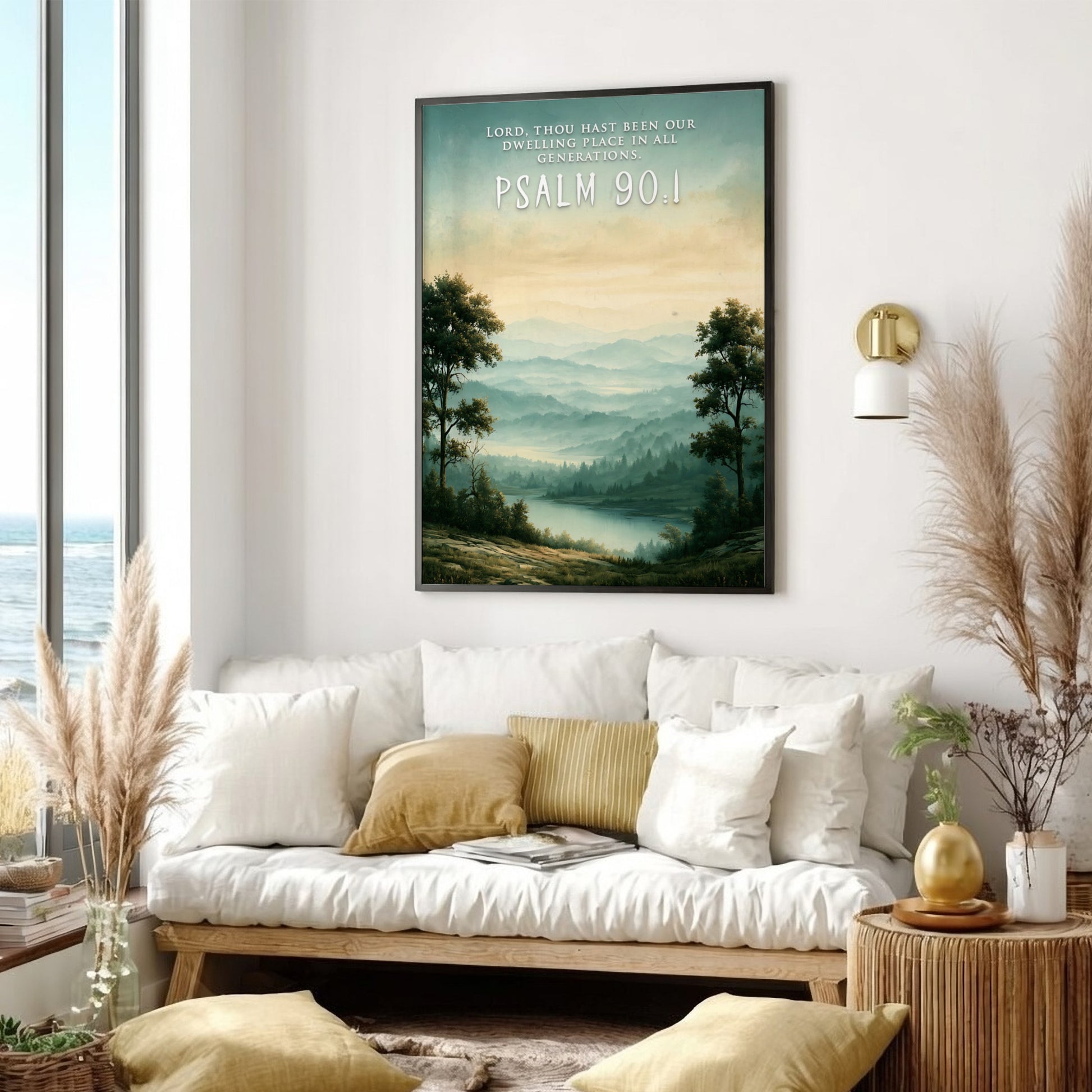 Psalm 90:1 poster featuring a misty mountain landscape with green hills and water.