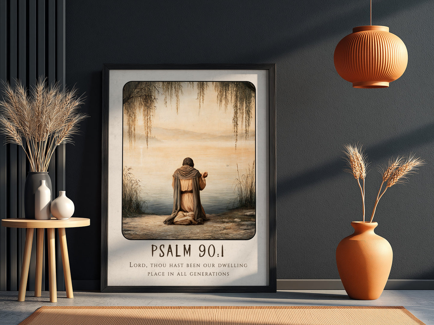 Psalm 90:1 poster featuring a serene figure in prayer by the water, soft colors and religious theme.
