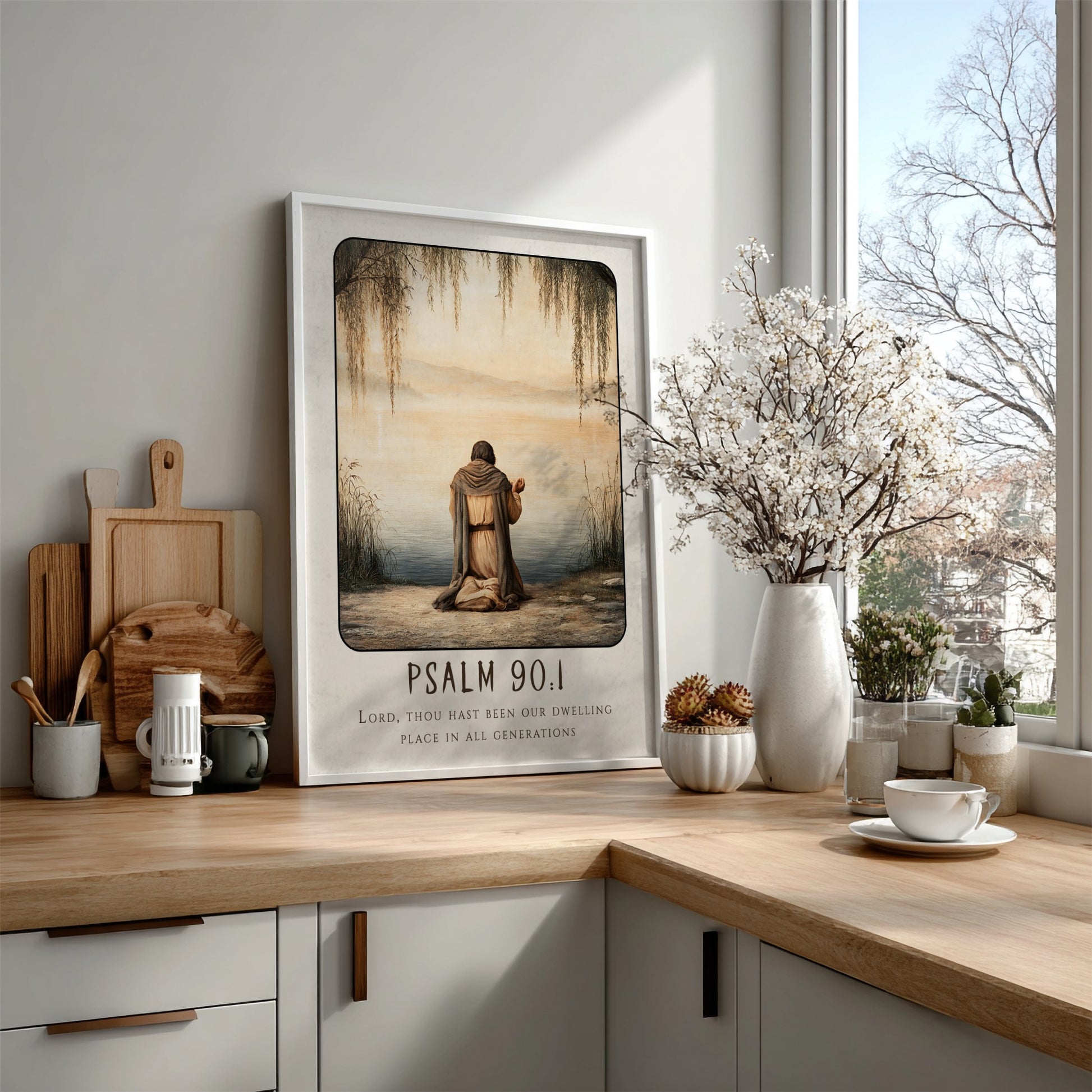 Psalm 90:1 poster featuring a serene figure in prayer by the water, soft colors and religious theme.
