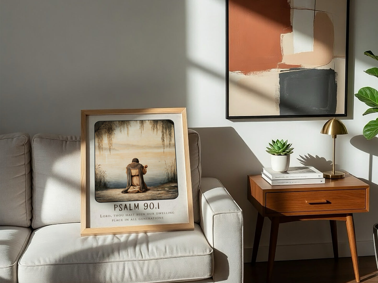 Psalm 90:1 poster featuring a serene figure in prayer by the water, soft colors and religious theme.