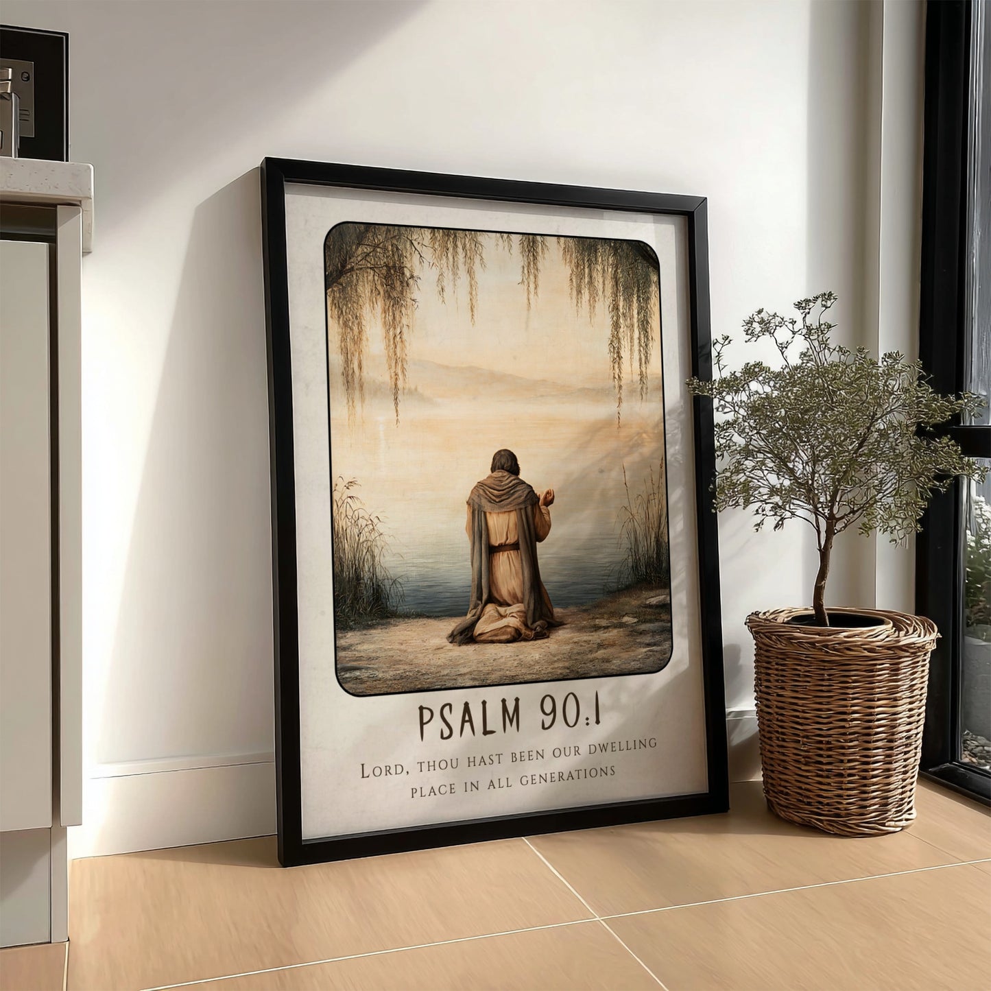 Psalm 90:1 poster featuring a serene figure in prayer by the water, soft colors and religious theme.