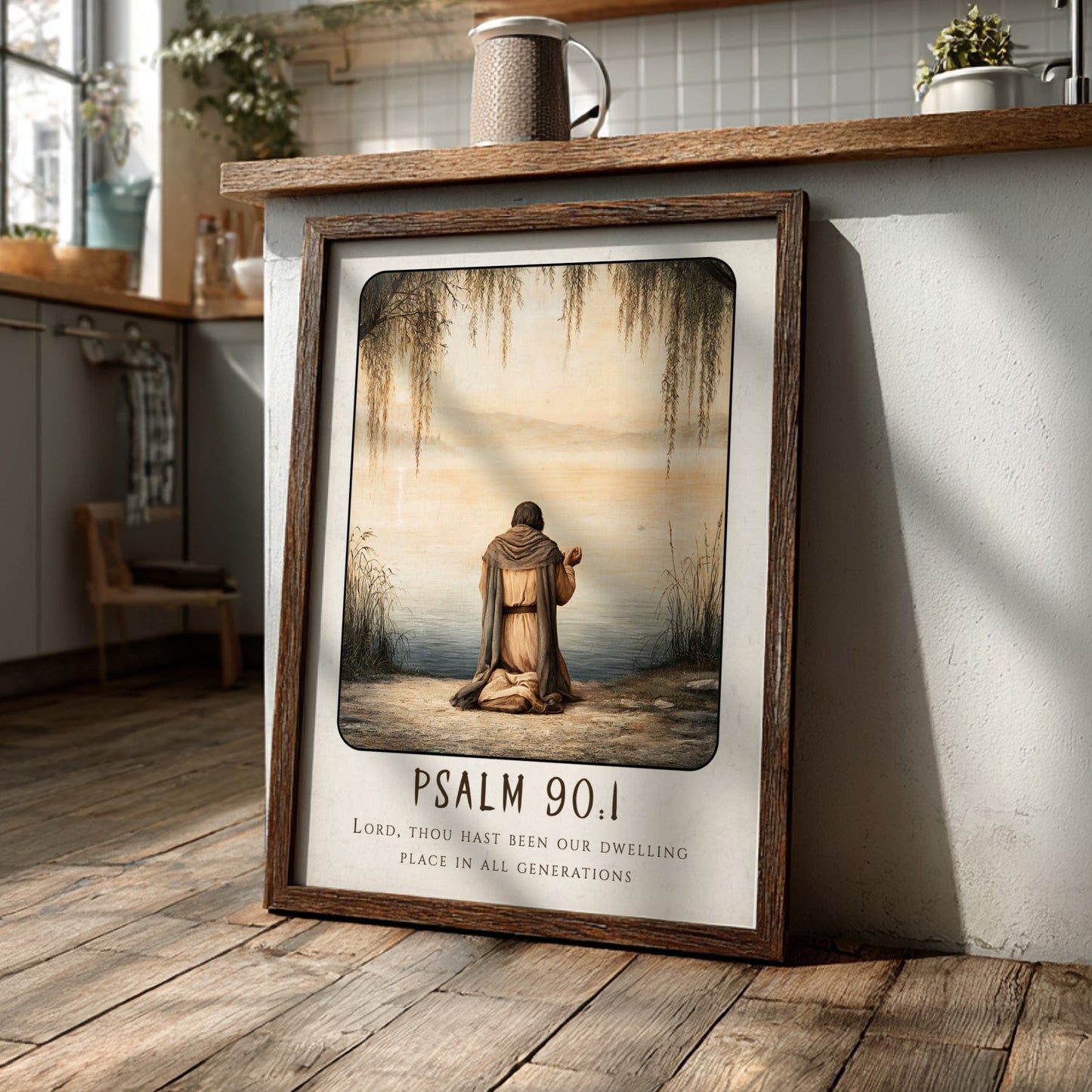 Psalm 90:1 poster featuring a serene figure in prayer by the water, soft colors and religious theme.