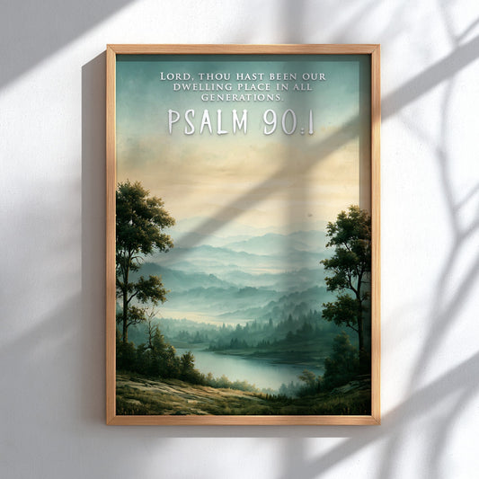 Psalm 90:1 poster featuring a misty mountain landscape with green hills and water.