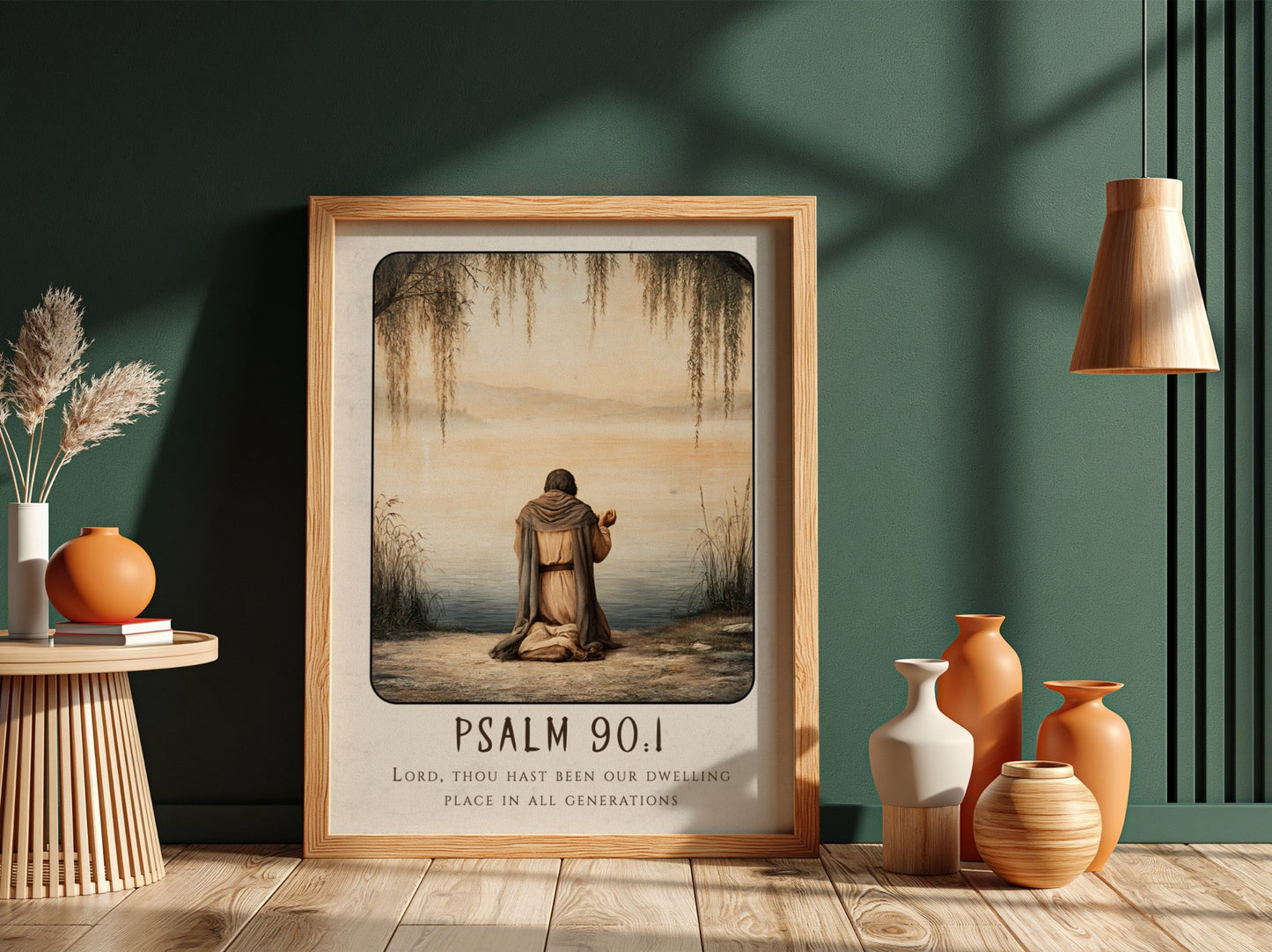 Psalm 90:1 poster featuring a serene figure in prayer by the water, soft colors and religious theme.