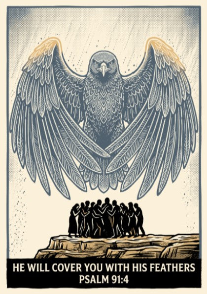 Poster featuring an eagle spreading wings over people with Psalm 91:4 text below.