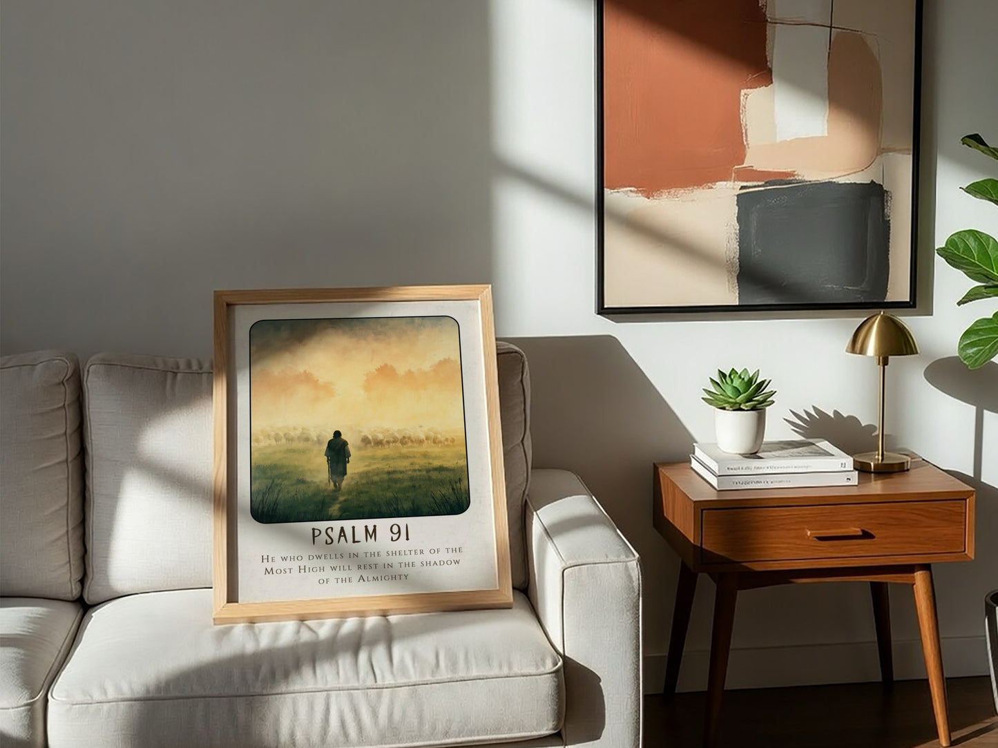Psalm 91 poster featuring a shepherd and sheep in a misty landscape, spiritual wall art in soft colors