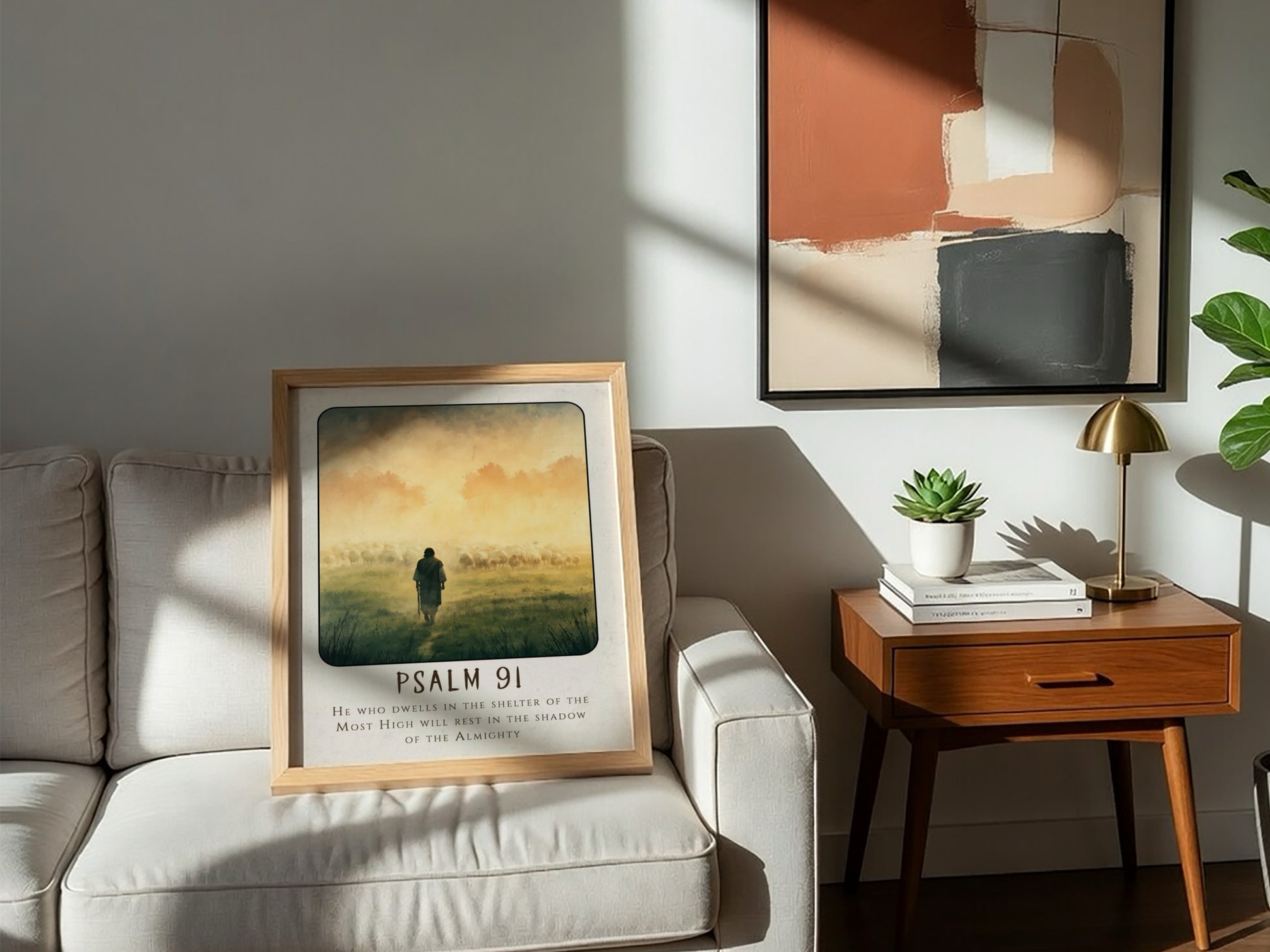 Psalm 91 poster featuring a shepherd and sheep in a misty landscape, spiritual wall art in soft colors