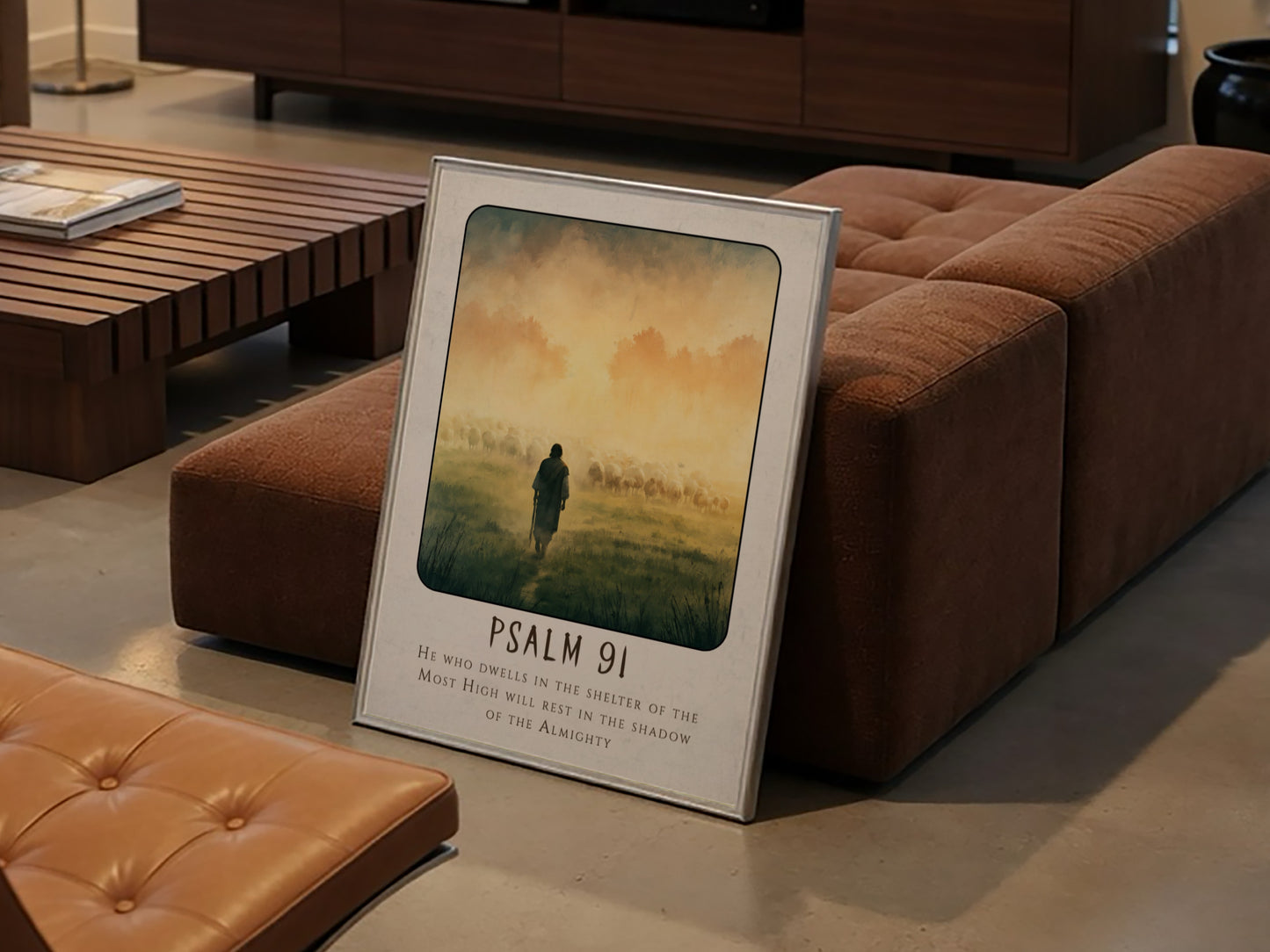 Psalm 91 poster featuring a shepherd and sheep in a misty landscape, spiritual wall art in soft colors
