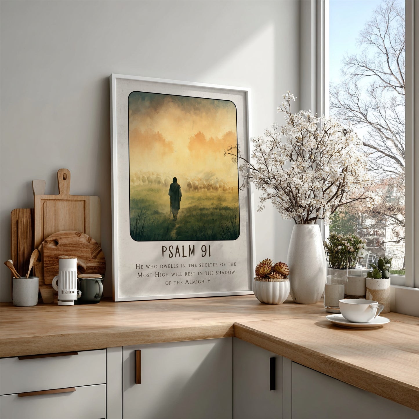 Psalm 91 poster featuring a shepherd and sheep in a misty landscape, spiritual wall art in soft colors