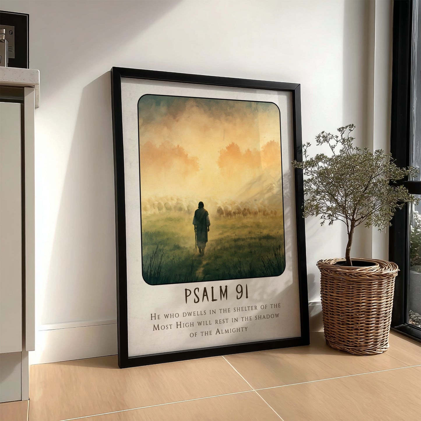 Psalm 91 poster featuring a shepherd and sheep in a misty landscape, spiritual wall art in soft colors