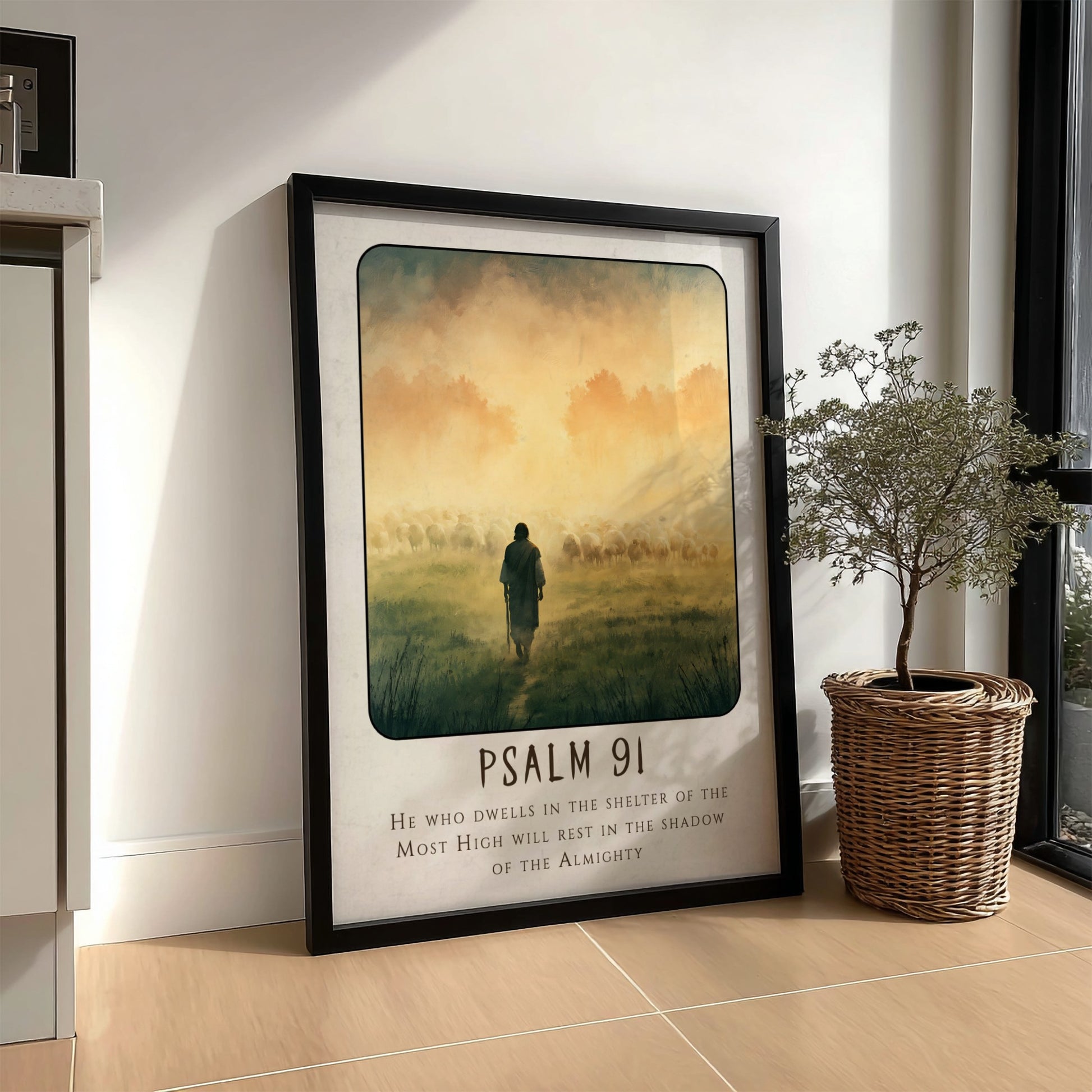 Psalm 91 poster featuring a shepherd and sheep in a misty landscape, spiritual wall art in soft colors