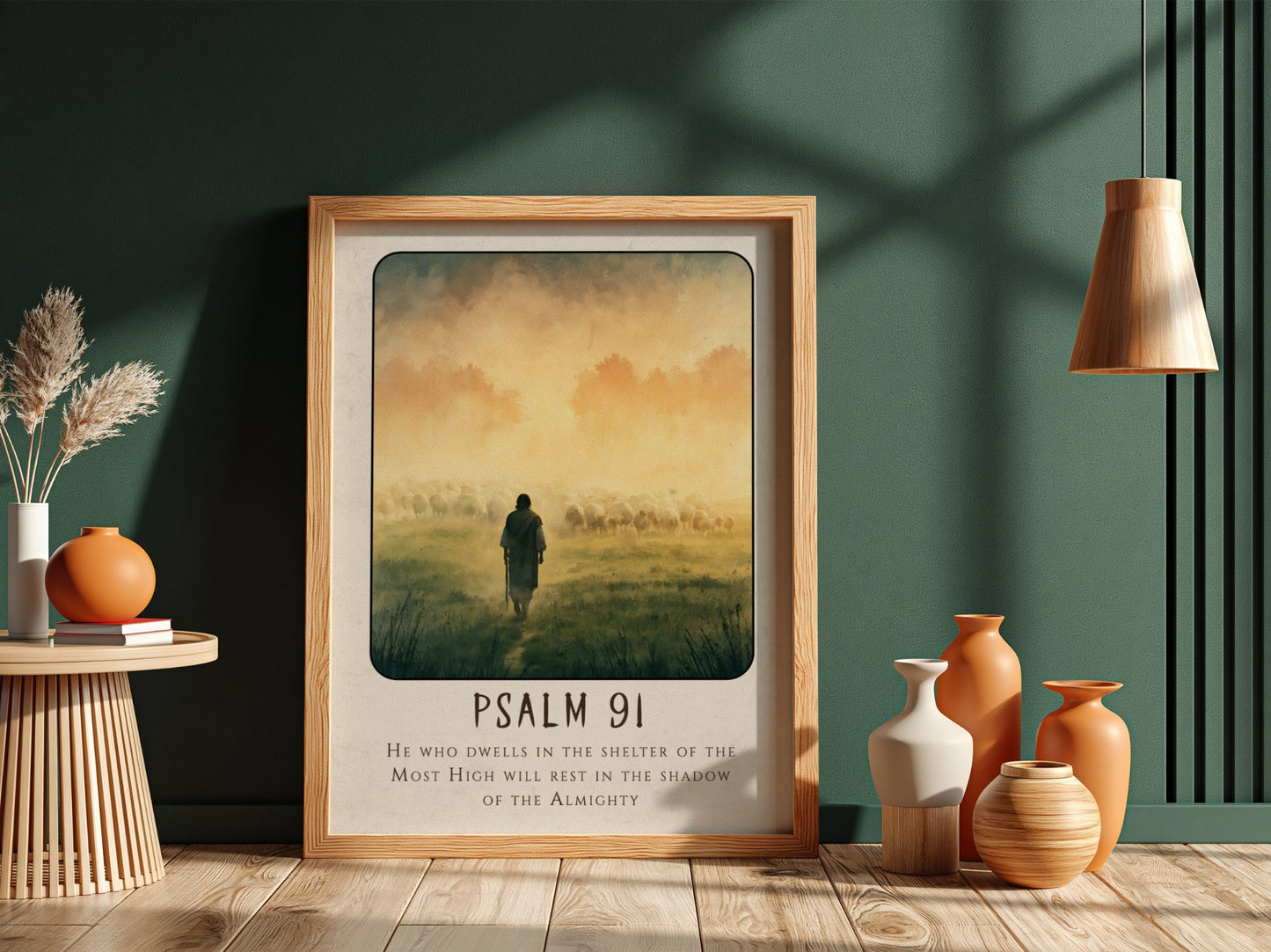 Psalm 91 poster featuring a shepherd and sheep in a misty landscape, spiritual wall art in soft colors