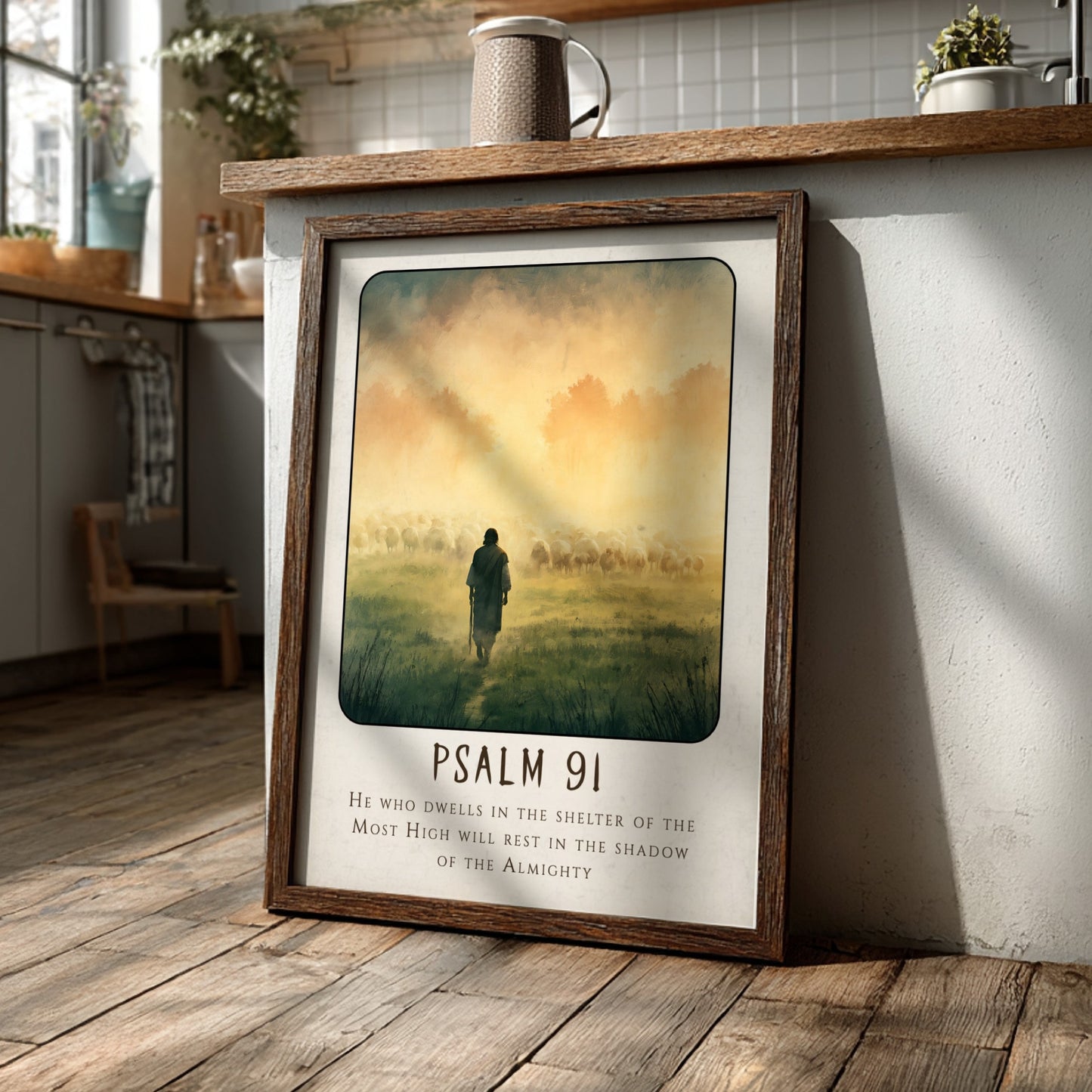 Psalm 91 poster featuring a shepherd and sheep in a misty landscape, spiritual wall art in soft colors