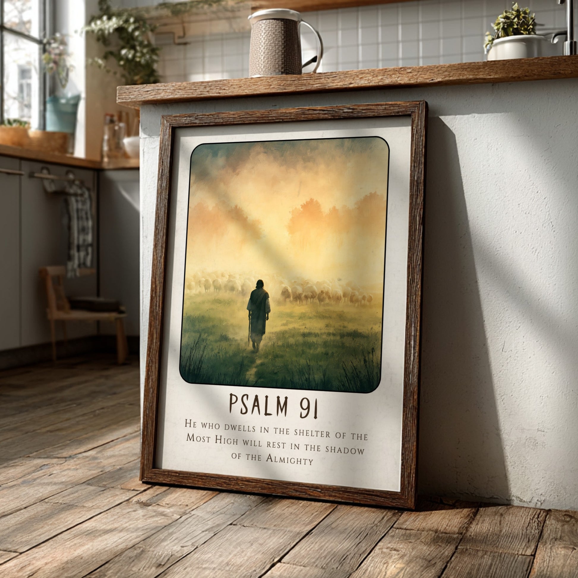 Psalm 91 poster featuring a shepherd and sheep in a misty landscape, spiritual wall art in soft colors