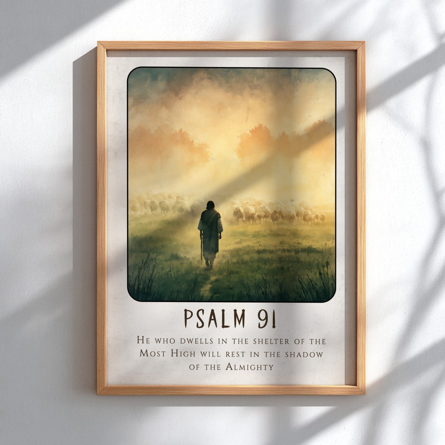 Psalm 91 poster featuring a shepherd and sheep in a misty landscape, spiritual wall art in soft colors