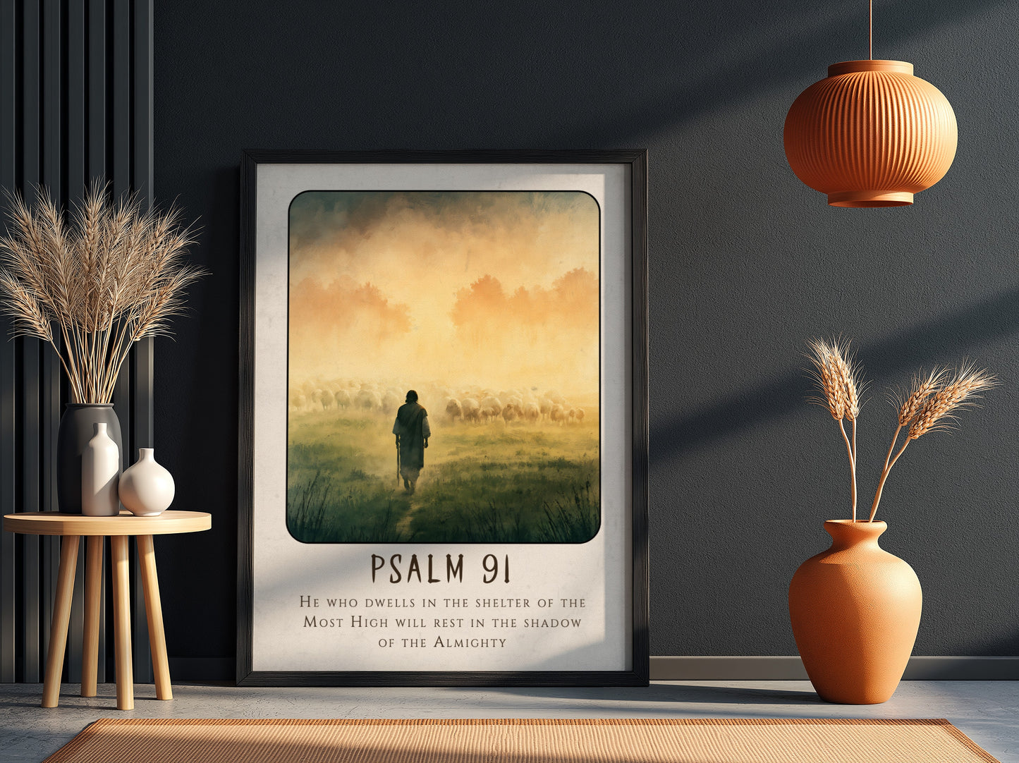 Psalm 91 poster featuring a shepherd and sheep in a misty landscape, spiritual wall art in soft colors