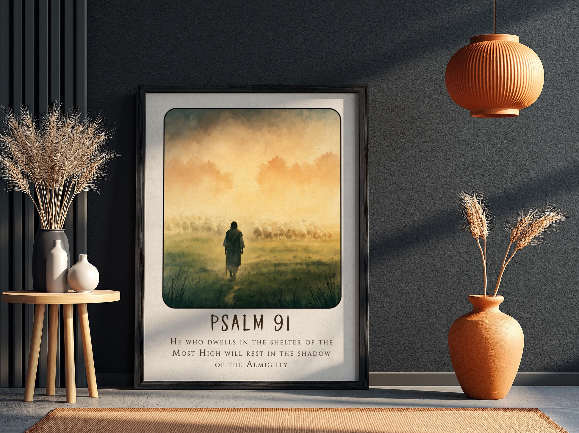 Psalm 91 poster featuring a shepherd and sheep in a misty landscape, spiritual wall art in soft colors